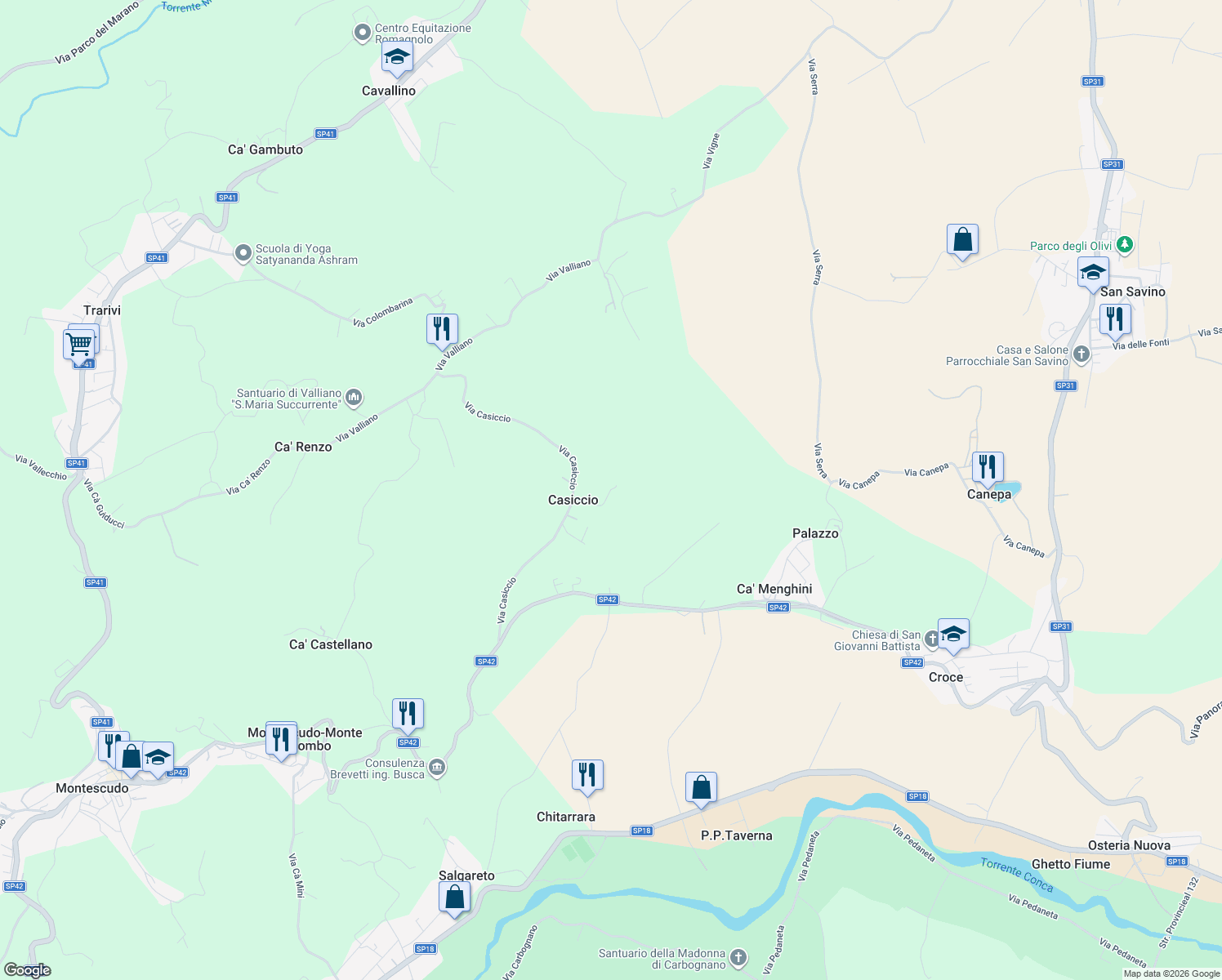 map of restaurants, bars, coffee shops, grocery stores, and more near 165 Via Ca' Marchino in Provincia di Rimini