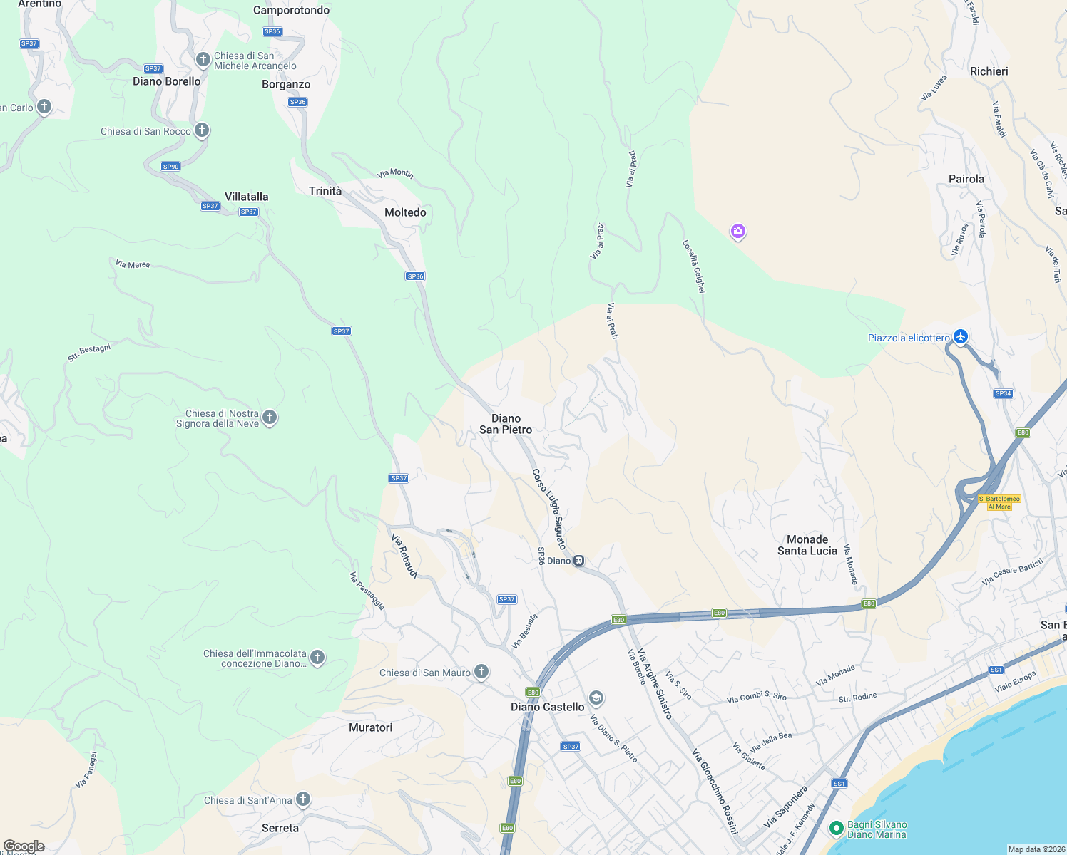 map of restaurants, bars, coffee shops, grocery stores, and more near Via Seassari in Diano San Pietro