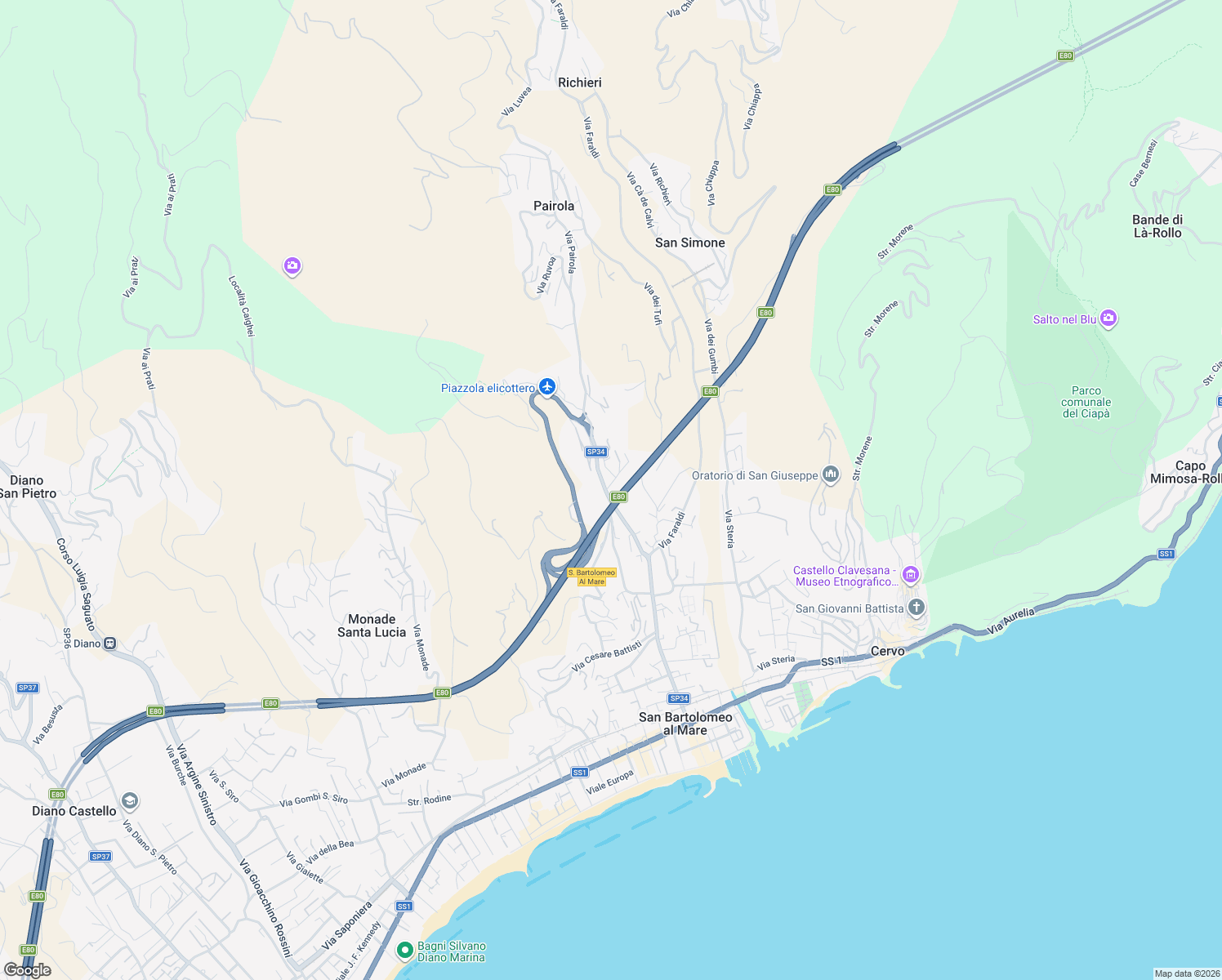 map of restaurants, bars, coffee shops, grocery stores, and more near 32 Via Pairola in San Bartolomeo al Mare