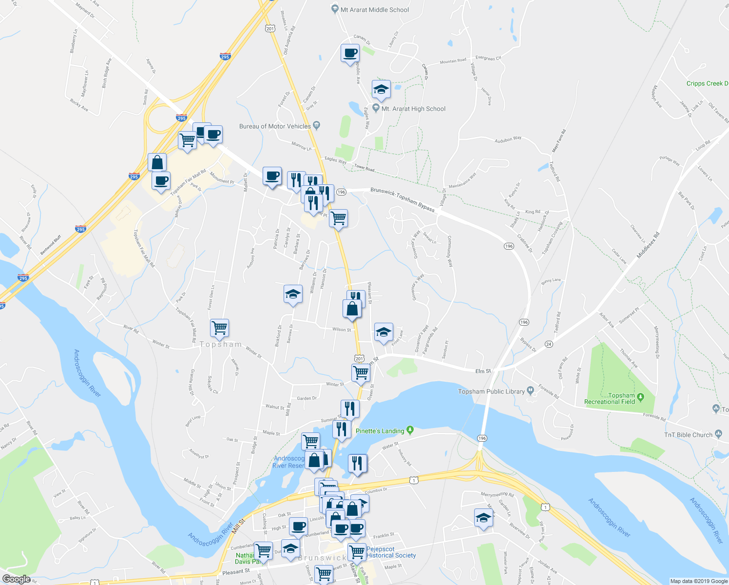 map of restaurants, bars, coffee shops, grocery stores, and more near 38 Pleasant Street in Topsham