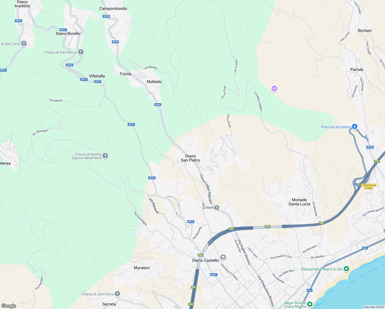 map of restaurants, bars, coffee shops, grocery stores, and more near 10 Piazza Guglielmo Marconi in Diano San Pietro