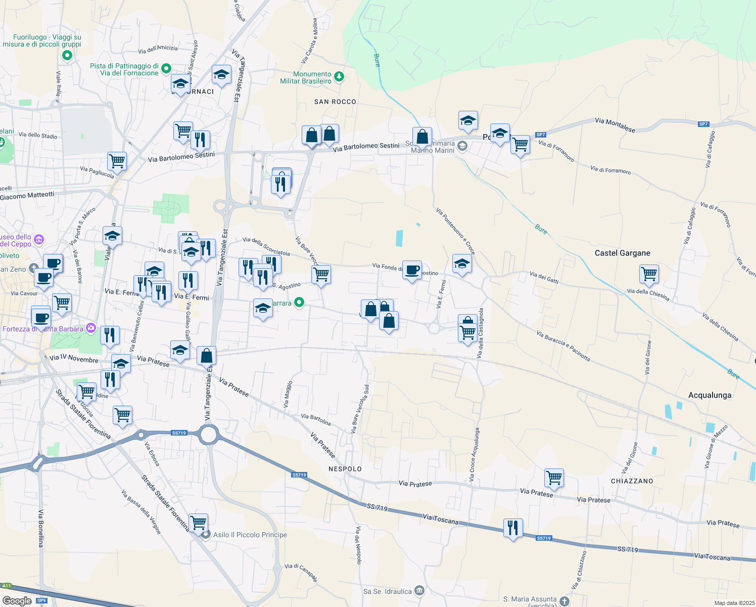 map of restaurants, bars, coffee shops, grocery stores, and more near 10 Via Raffaele Lambruschini in Pistoia