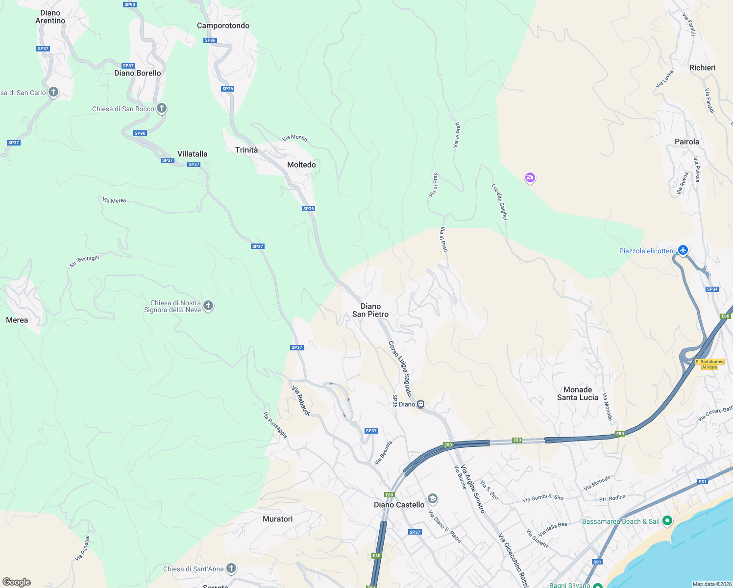 map of restaurants, bars, coffee shops, grocery stores, and more near 10 Piazza Guglielmo Marconi in Diano San Pietro