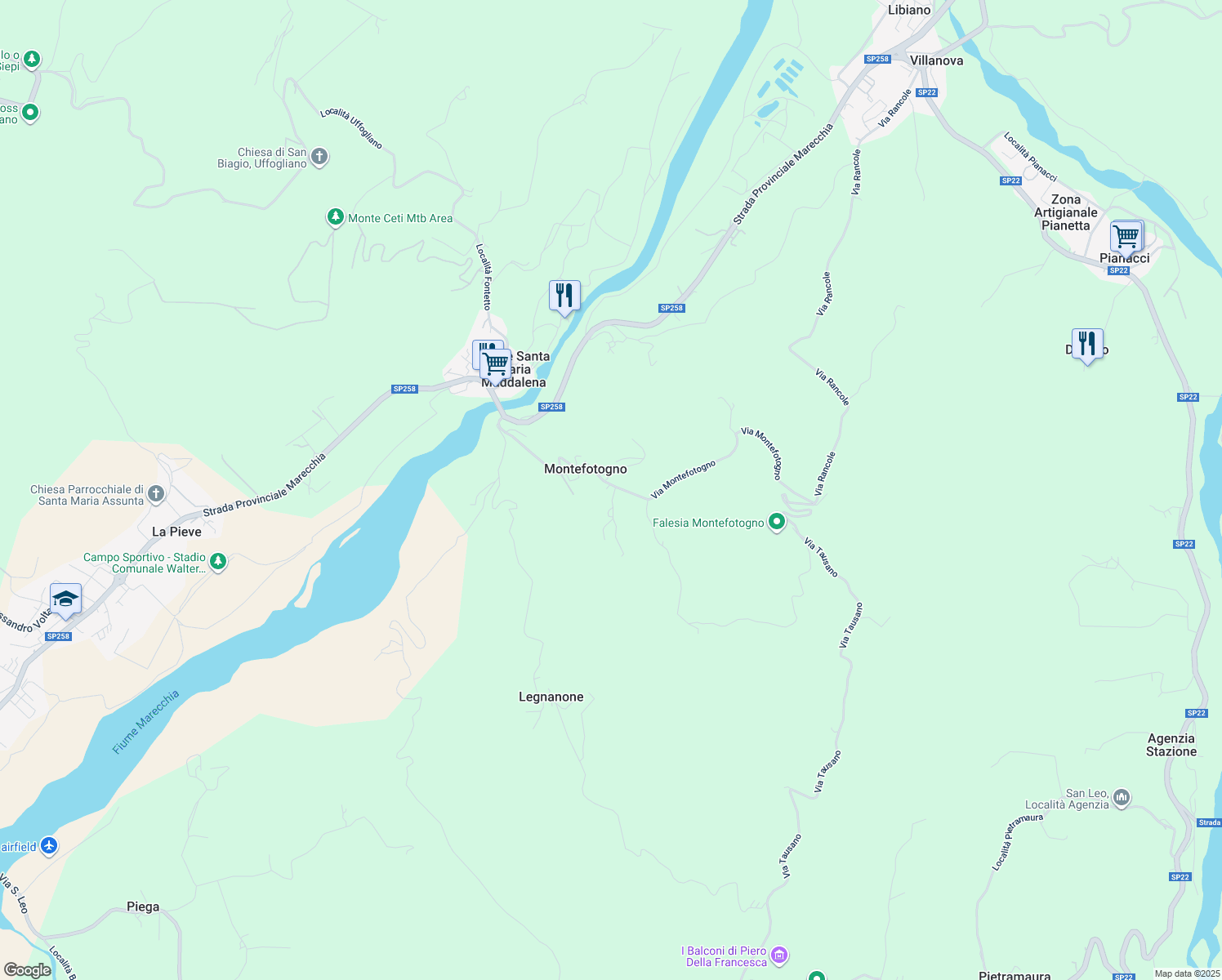 map of restaurants, bars, coffee shops, grocery stores, and more near 1A Via Montefotogno in Montefotogno