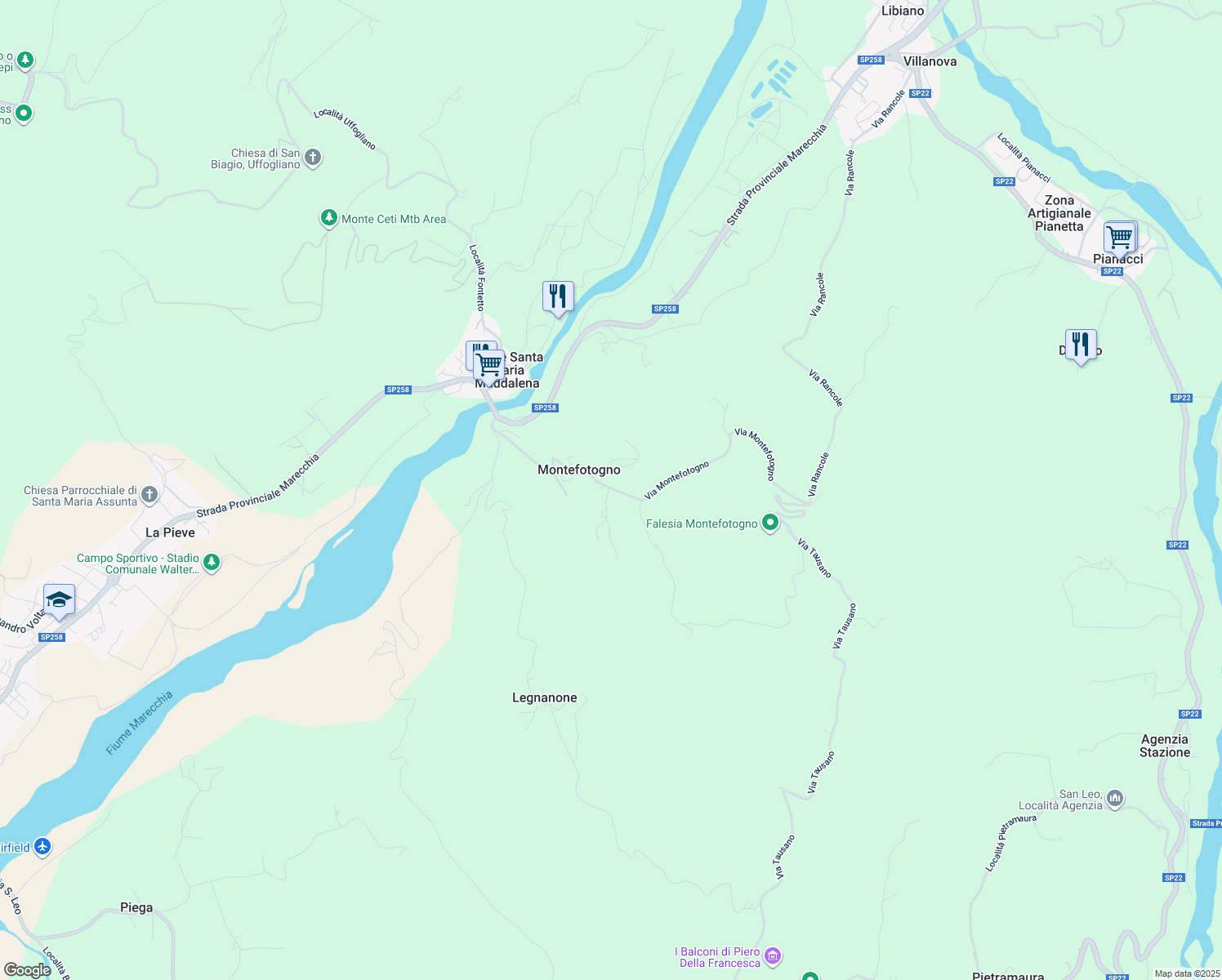 map of restaurants, bars, coffee shops, grocery stores, and more near 1A Via Montefotogno in Montefotogno