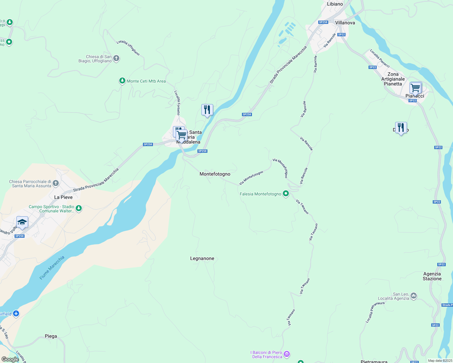 map of restaurants, bars, coffee shops, grocery stores, and more near 1A Via Montefotogno in Montefotogno
