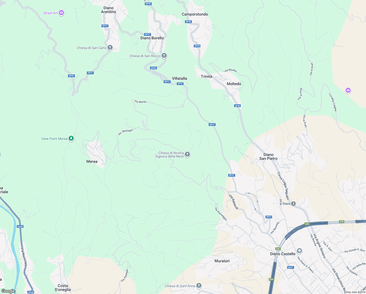 map of restaurants, bars, coffee shops, grocery stores, and more near 21 Via Madonna Della Neve in Provincia di Imperia