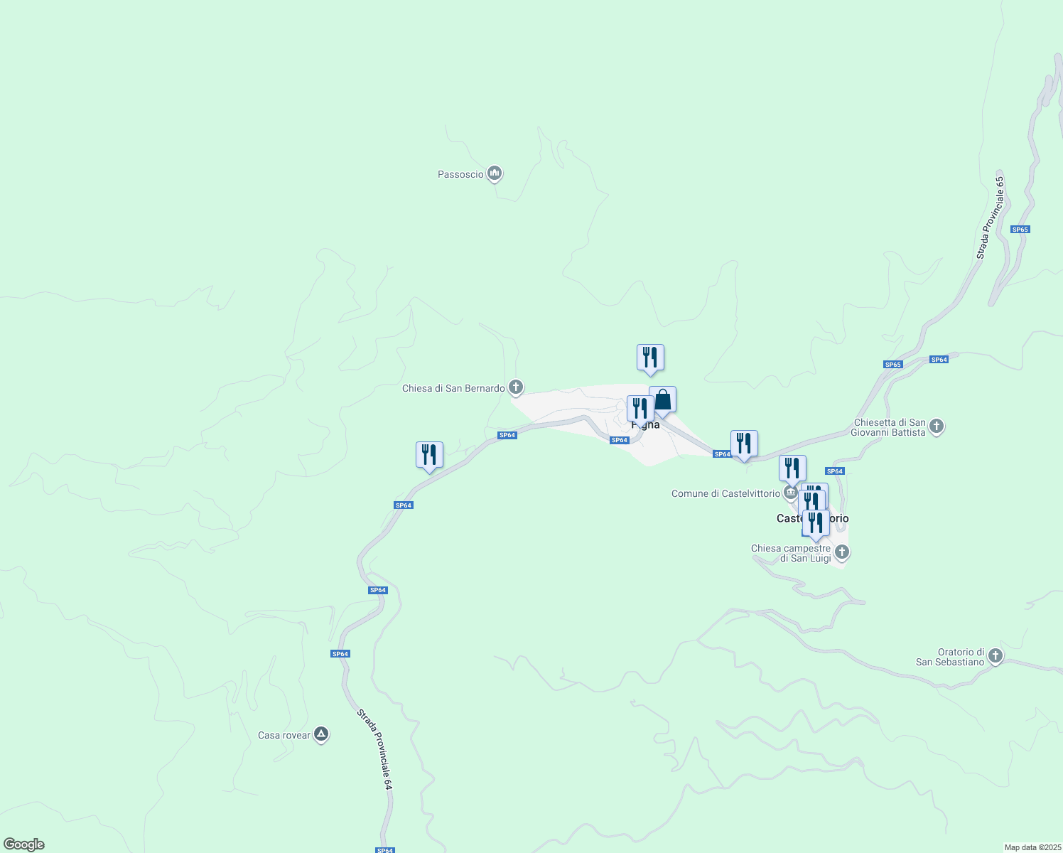map of restaurants, bars, coffee shops, grocery stores, and more near Strada Provinciale 64 in Pigna