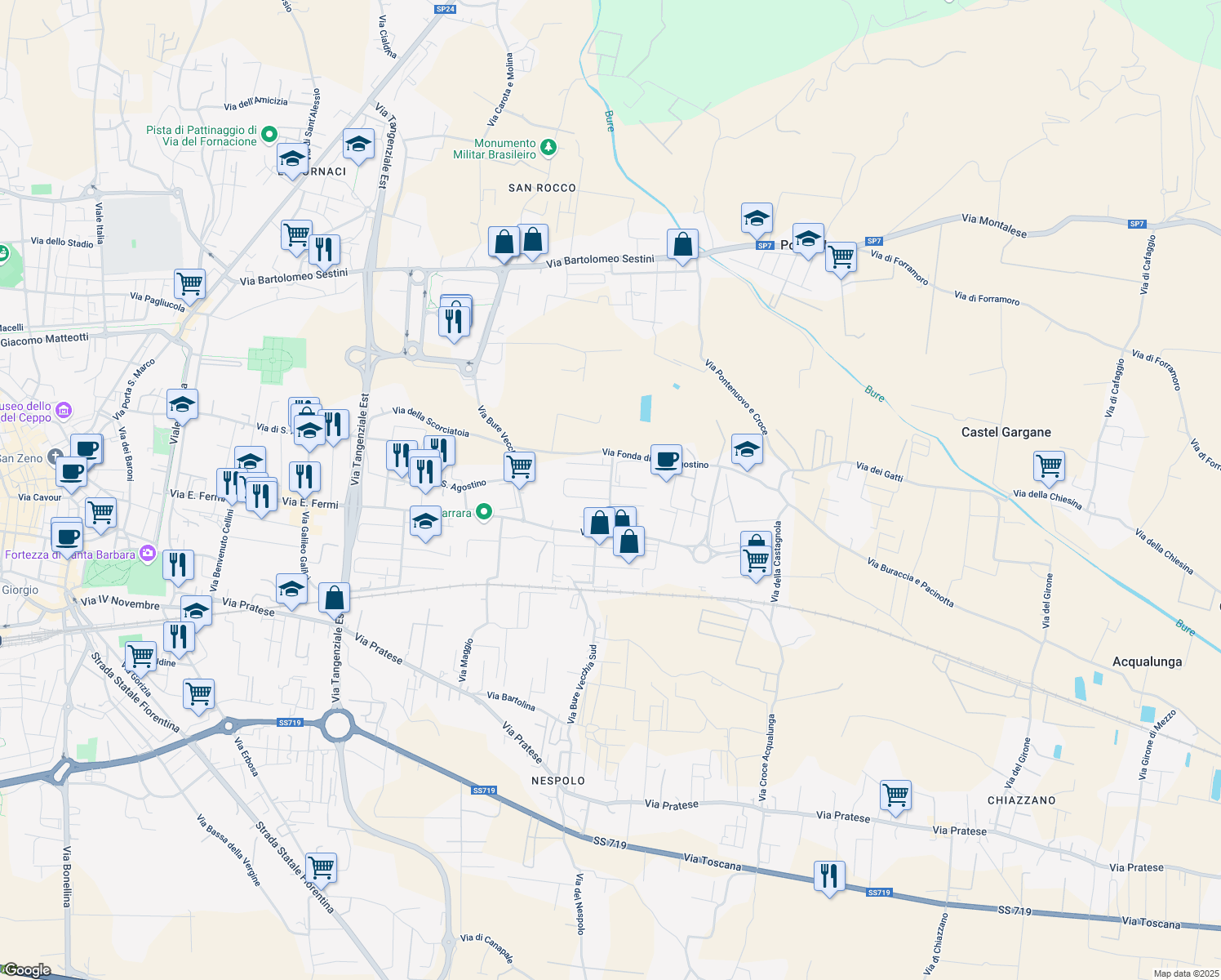 map of restaurants, bars, coffee shops, grocery stores, and more near Via Raffaele Lambruschini in Pistoia
