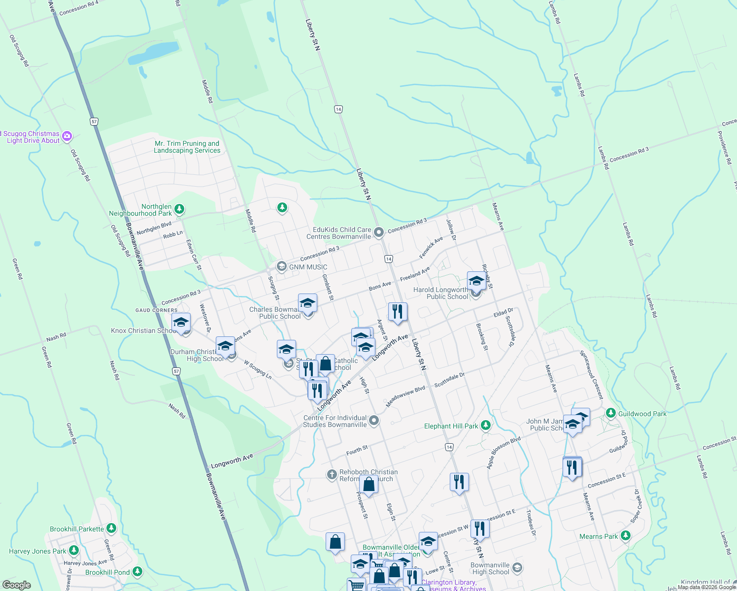 map of restaurants, bars, coffee shops, grocery stores, and more near 146 Argent Street in Bowmanville