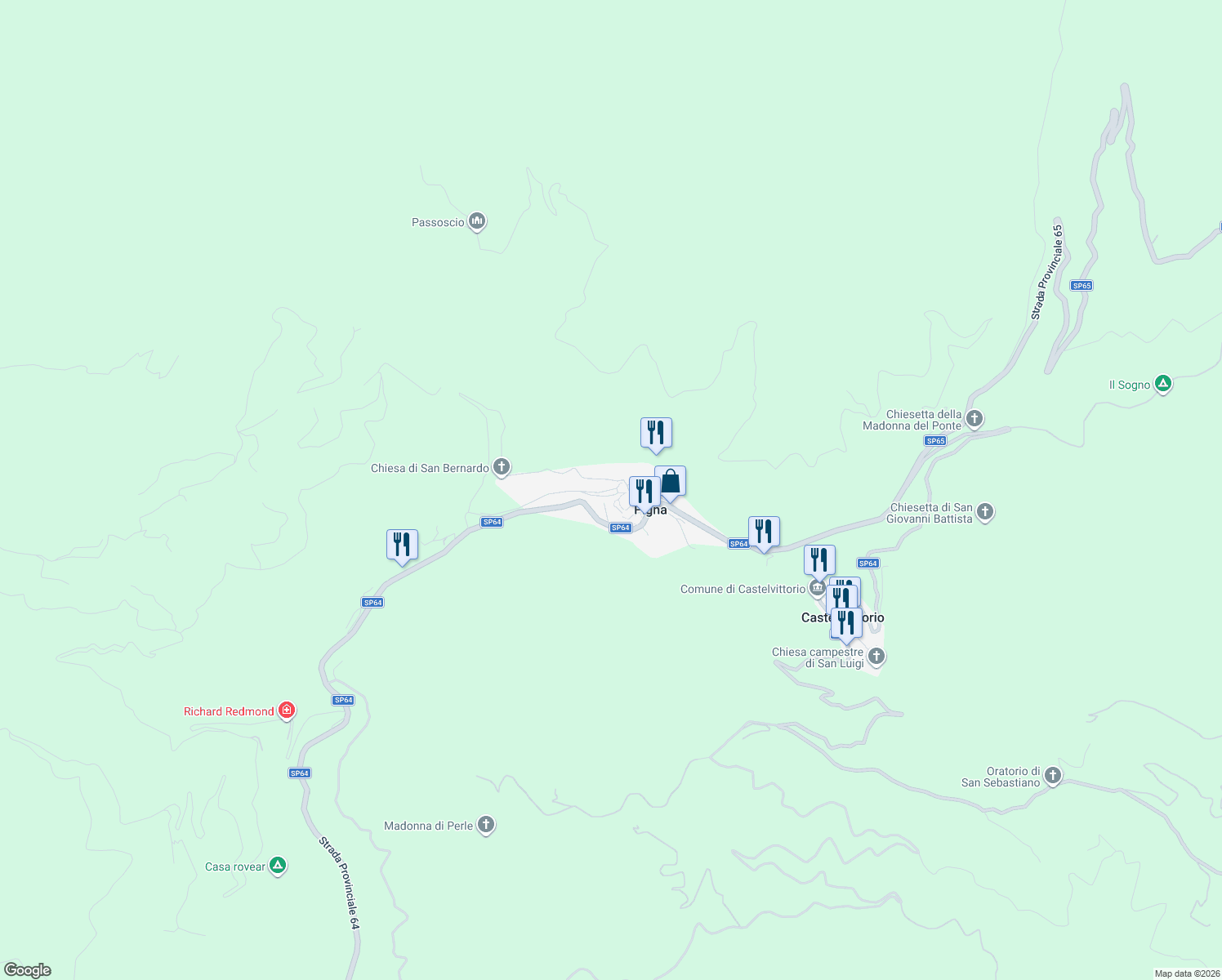 map of restaurants, bars, coffee shops, grocery stores, and more near 39 Via Fossarei in Pigna