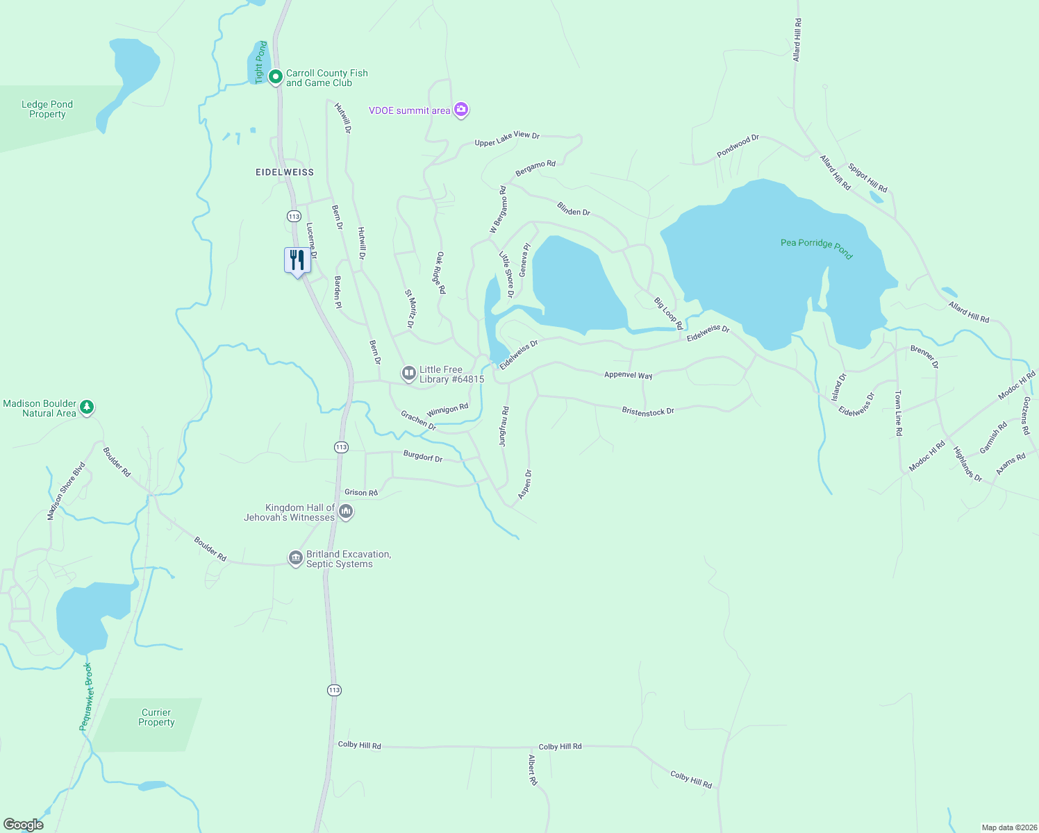 map of restaurants, bars, coffee shops, grocery stores, and more near 38 Aspen Drive in Madison
