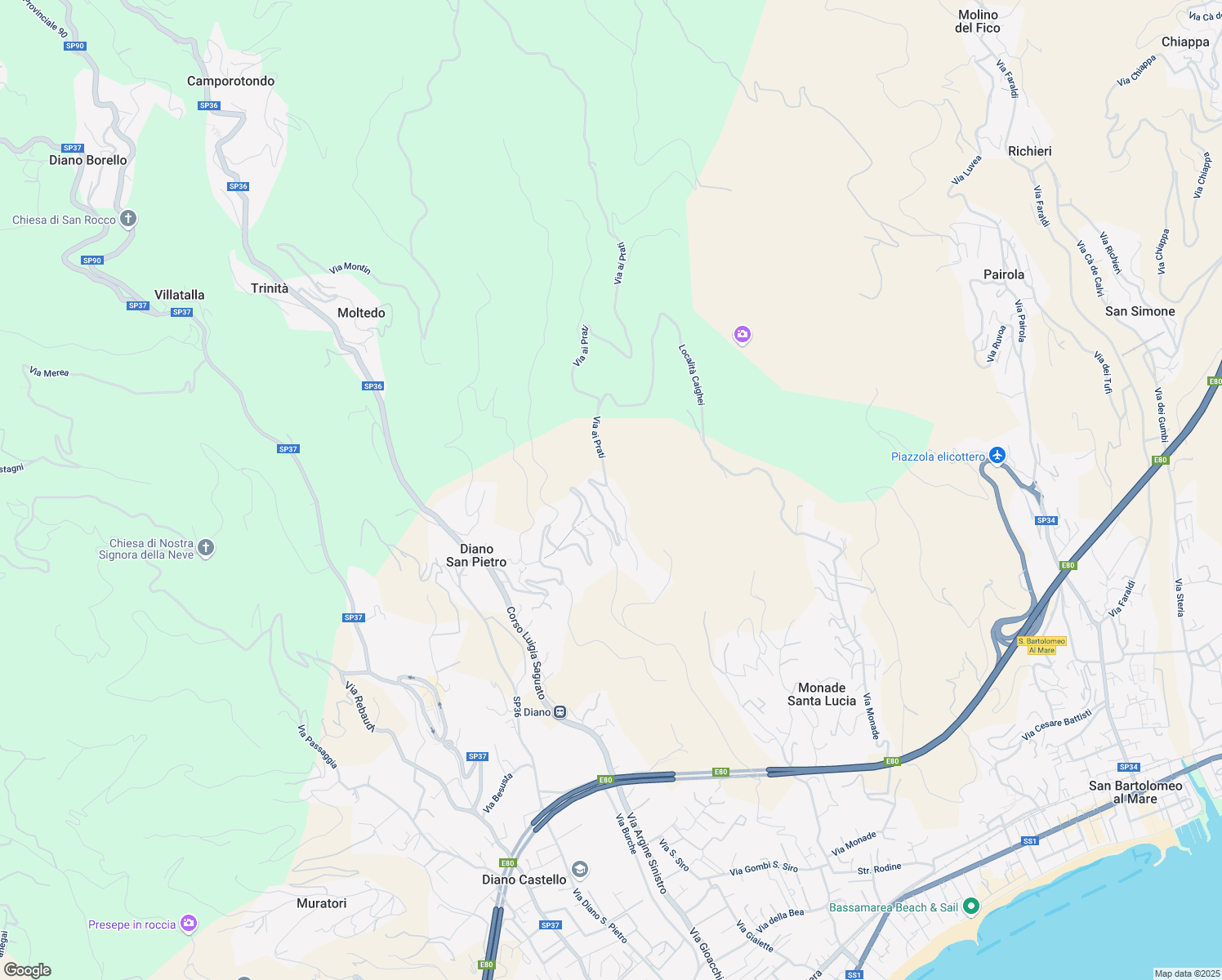 map of restaurants, bars, coffee shops, grocery stores, and more near 3 Via Giuseppe Garibaldi in Diano San Pietro