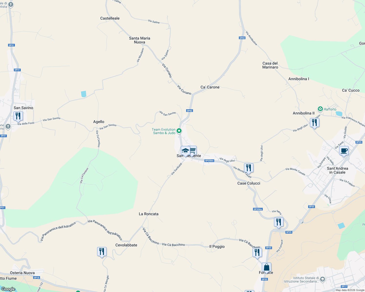 map of restaurants, bars, coffee shops, grocery stores, and more near 166 Strada Provinciale 35 bis in San Clemente