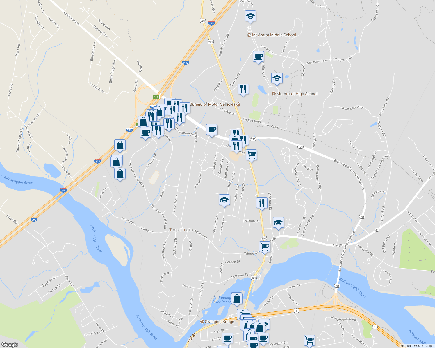 map of restaurants, bars, coffee shops, grocery stores, and more near 2 Carolyn Street in Topsham