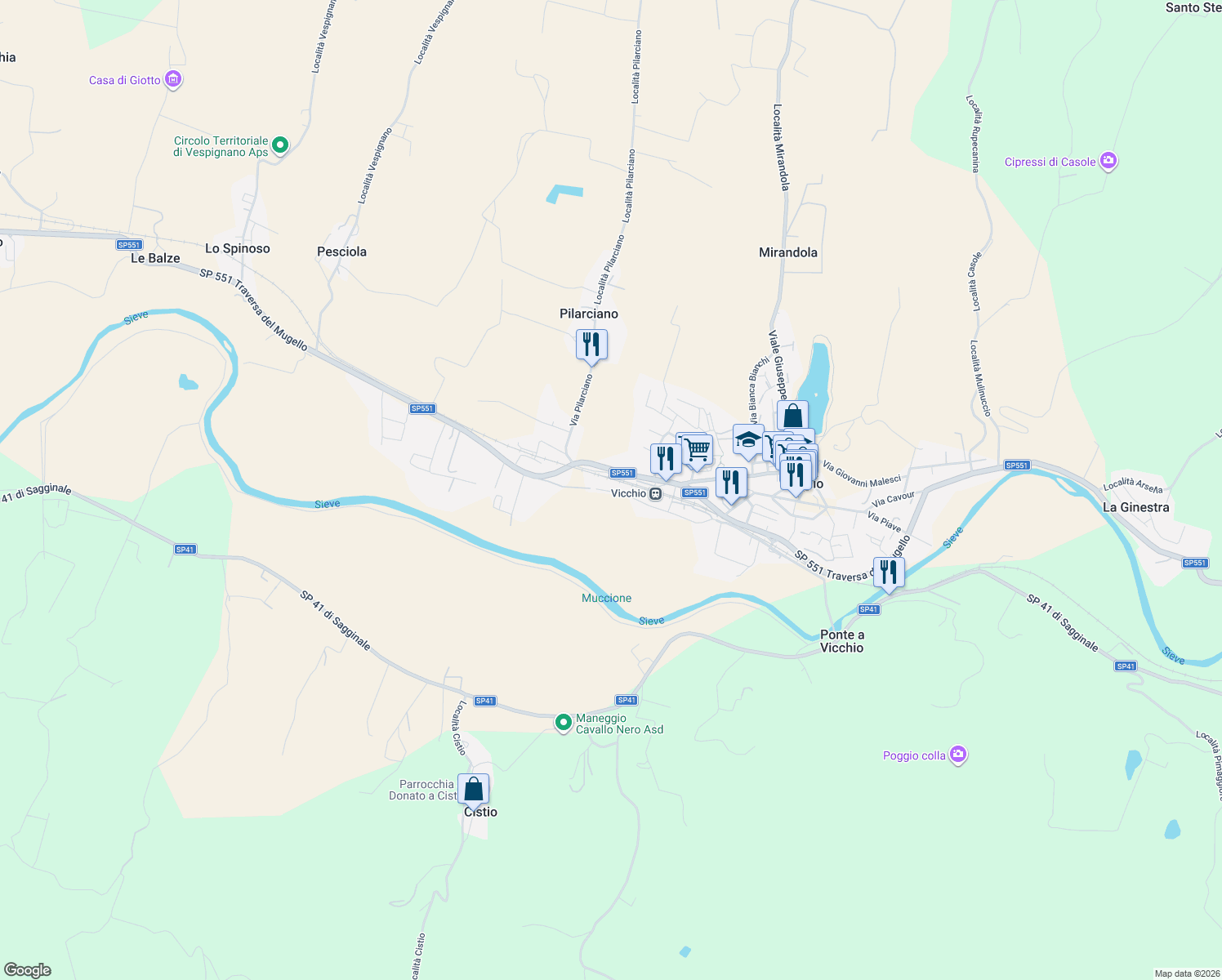 map of restaurants, bars, coffee shops, grocery stores, and more near 32 Via Zufolana in Vicchio