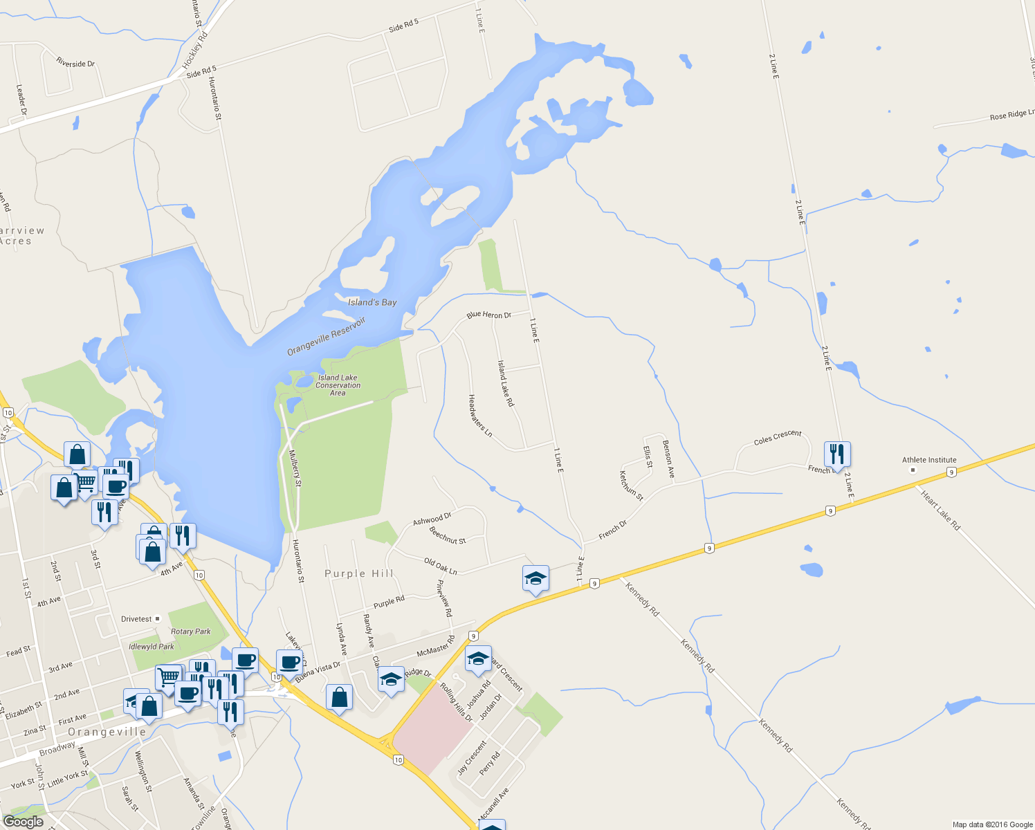 map of restaurants, bars, coffee shops, grocery stores, and more near 28 Island Lake Road in Mono
