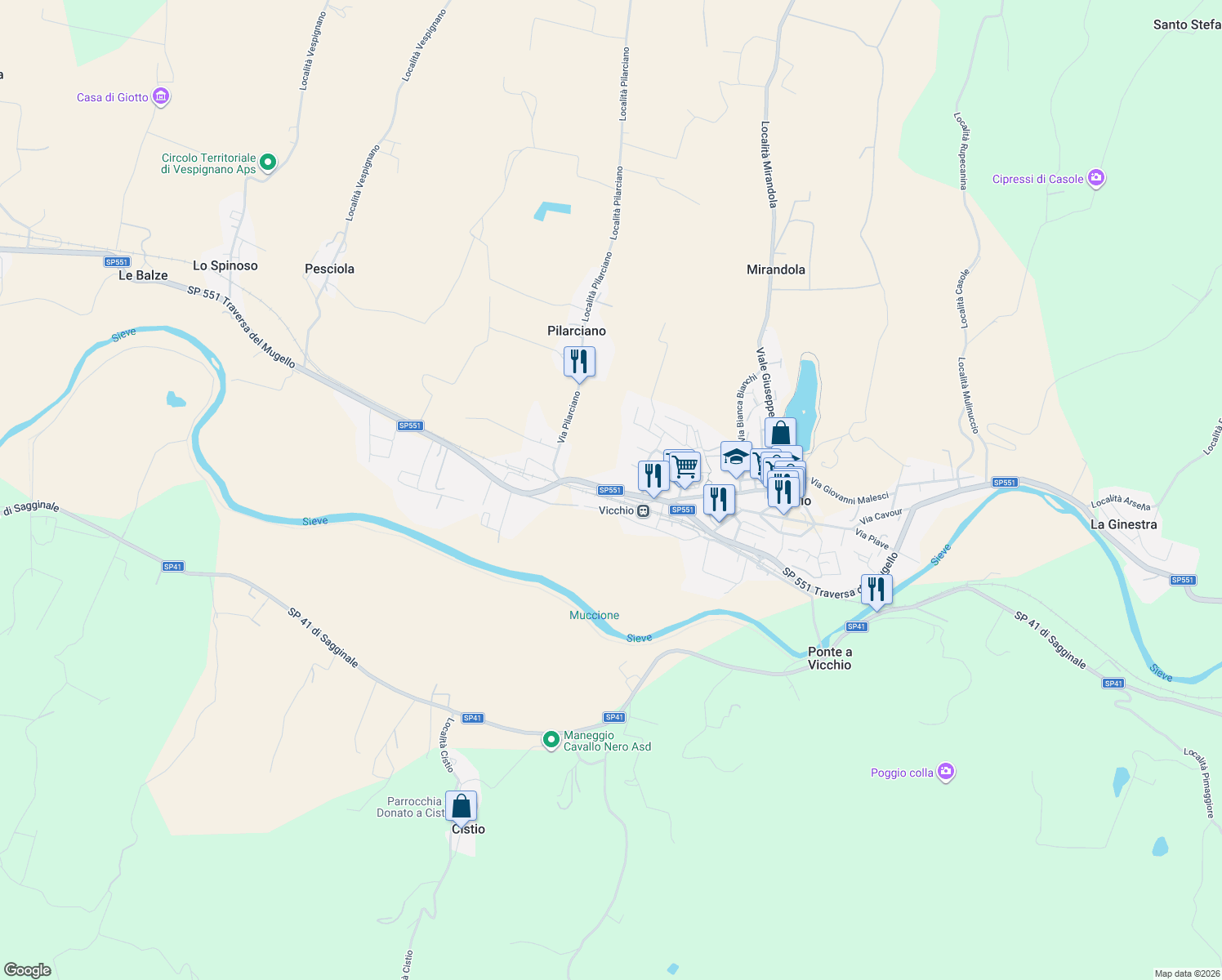 map of restaurants, bars, coffee shops, grocery stores, and more near 32 Via Zufolana in Vicchio