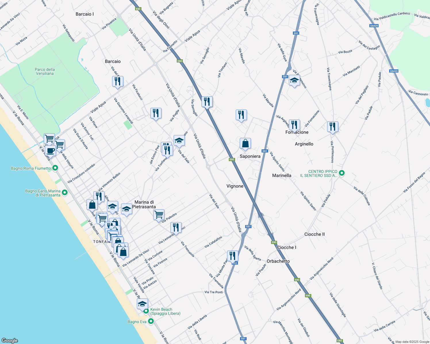 map of restaurants, bars, coffee shops, grocery stores, and more near 45 Via Vignone in Provincia di Lucca