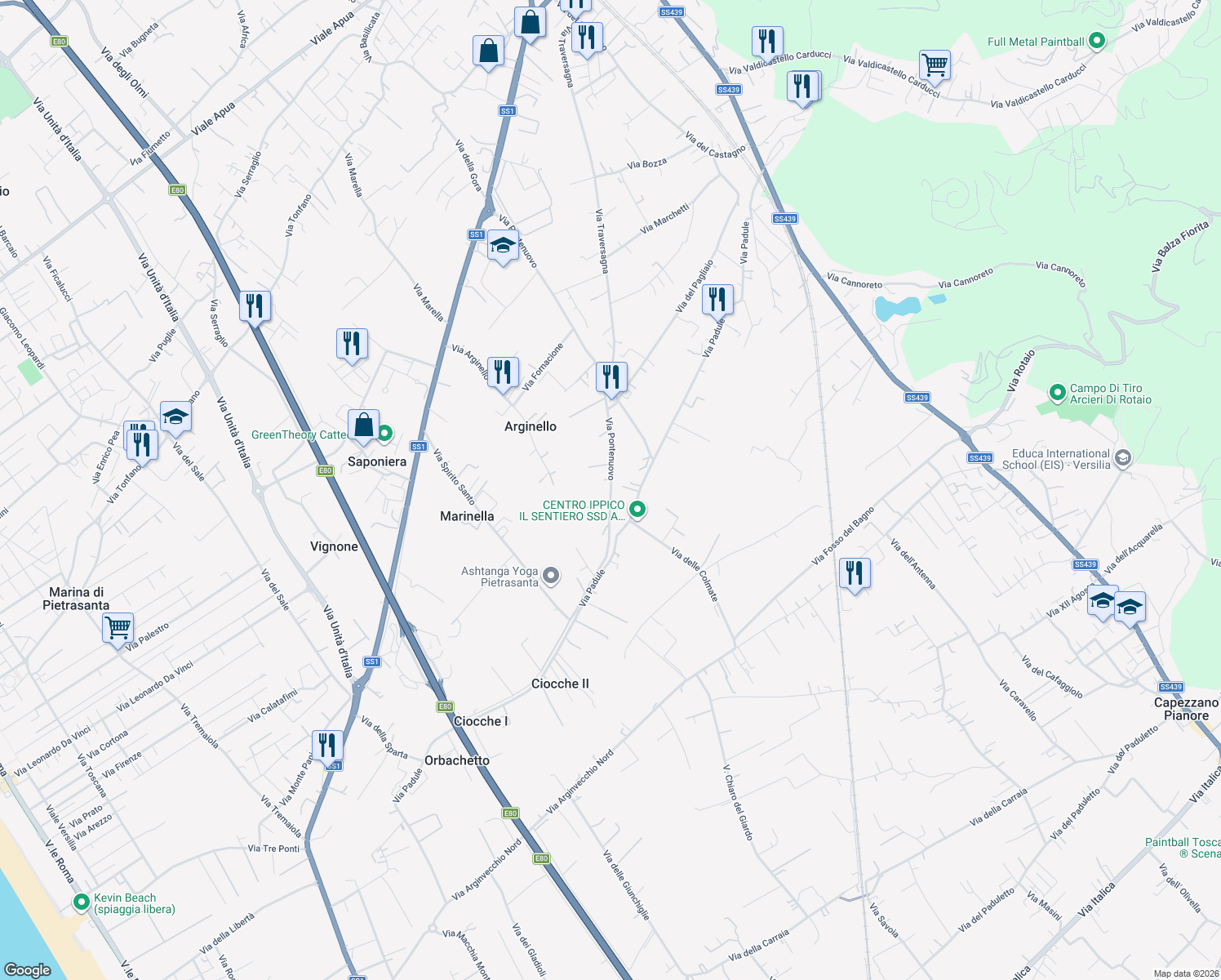 map of restaurants, bars, coffee shops, grocery stores, and more near 102 Via Pontenuovo in Provincia di Lucca