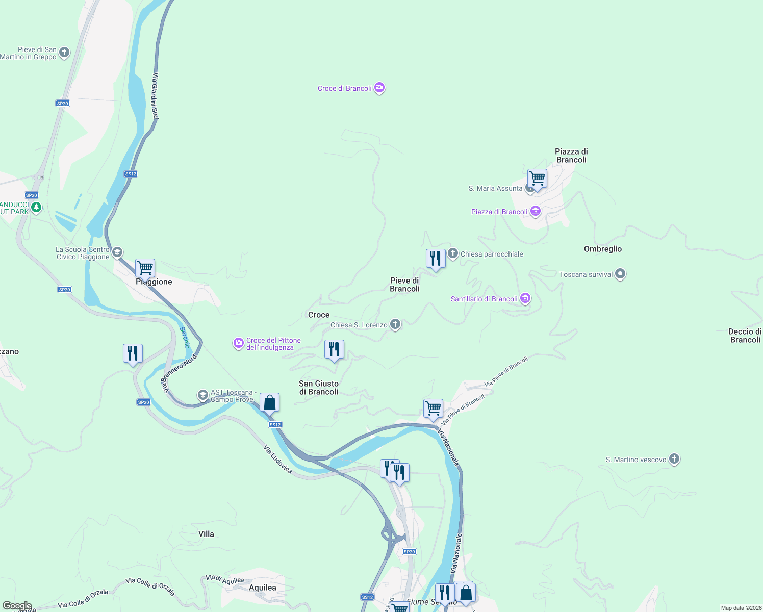 map of restaurants, bars, coffee shops, grocery stores, and more near 5662 Via Pieve di Brancoli in Lucca