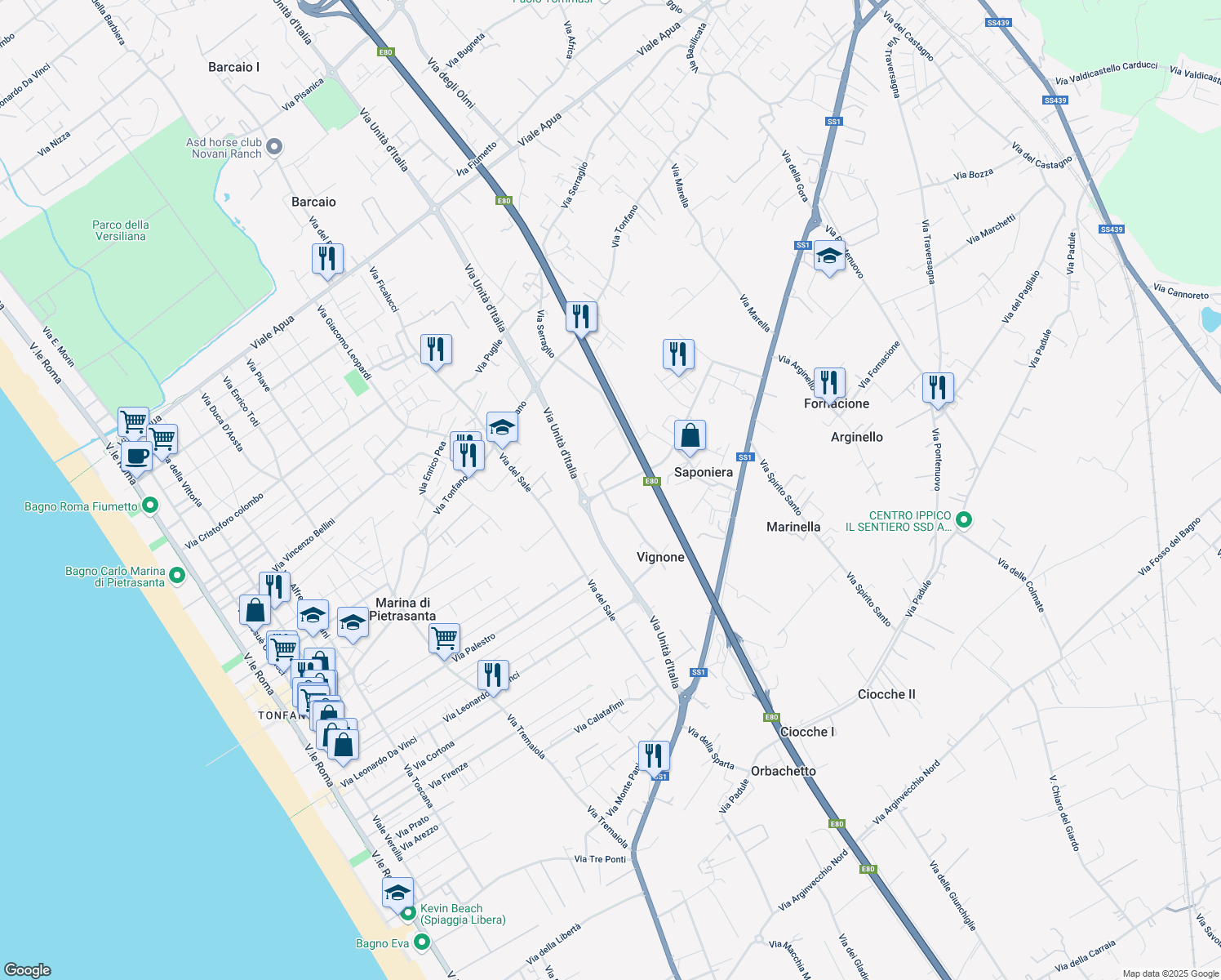 map of restaurants, bars, coffee shops, grocery stores, and more near 45 Via Vignone in Provincia di Lucca
