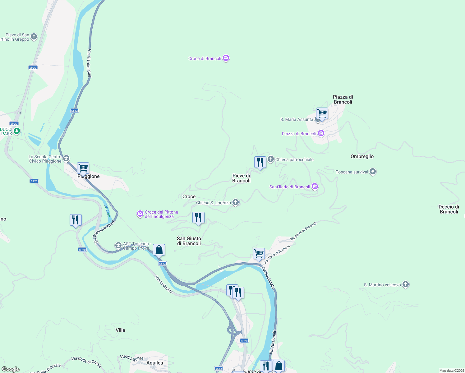 map of restaurants, bars, coffee shops, grocery stores, and more near 5662 Via Pieve di Brancoli in Lucca