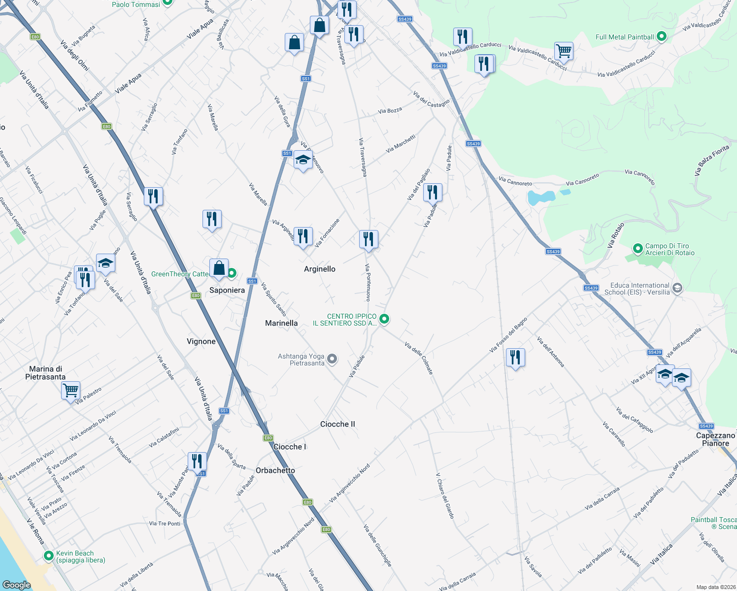 map of restaurants, bars, coffee shops, grocery stores, and more near 102 Via Pontenuovo in Provincia di Lucca