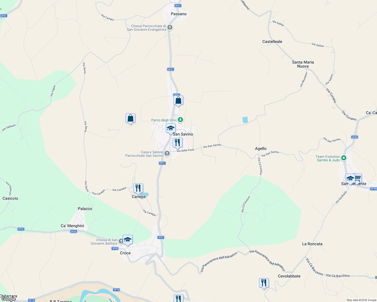 map of restaurants, bars, coffee shops, grocery stores, and more near 540 Via Romagna in San Savino
