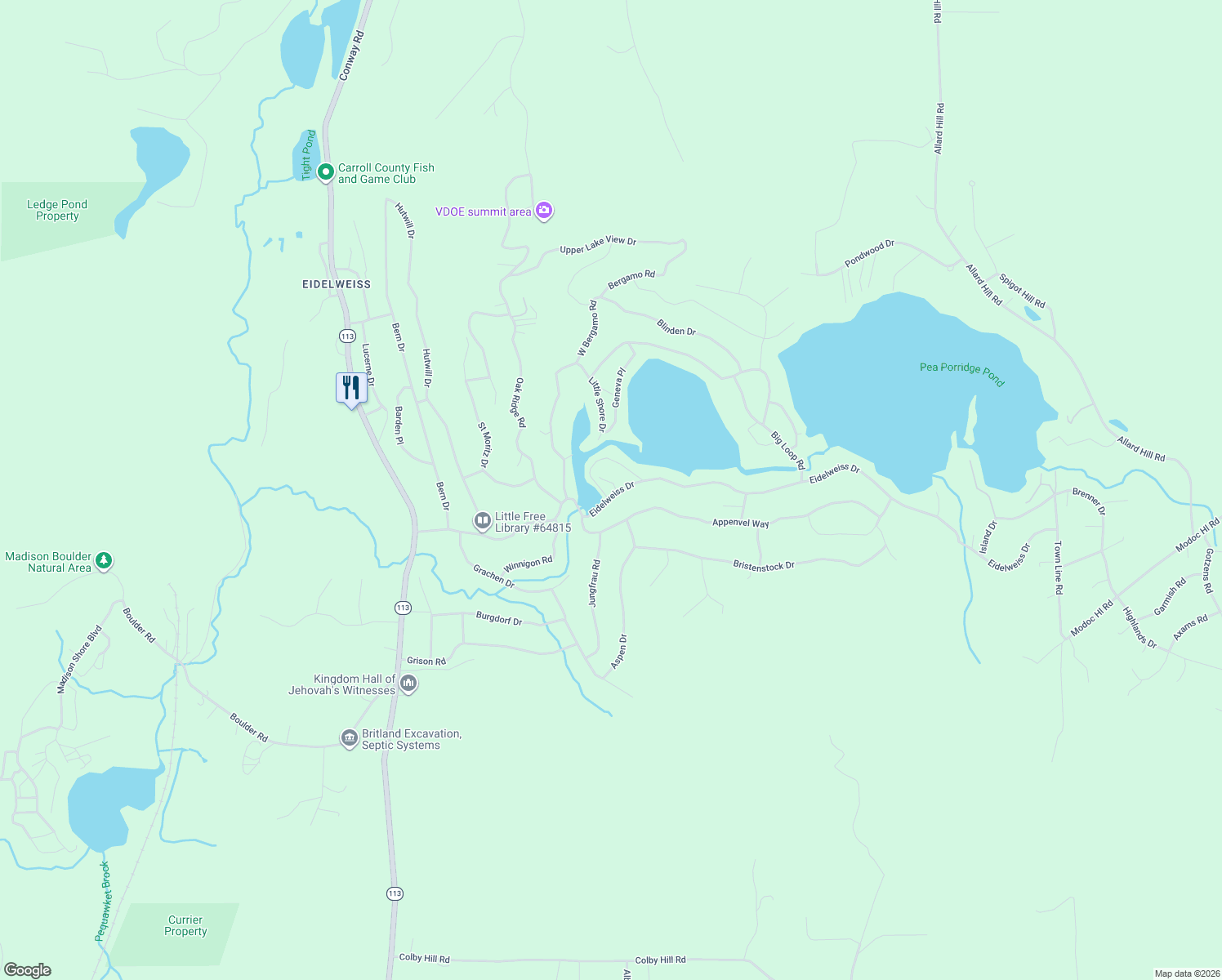 map of restaurants, bars, coffee shops, grocery stores, and more near 46 Eidelweiss Drive in Madison