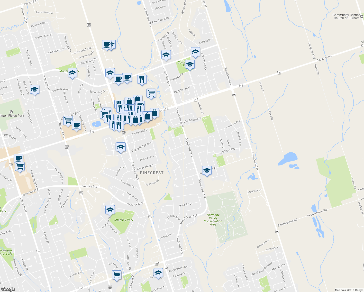 map of restaurants, bars, coffee shops, grocery stores, and more near 1155 Ridgemount Blvd in Oshawa