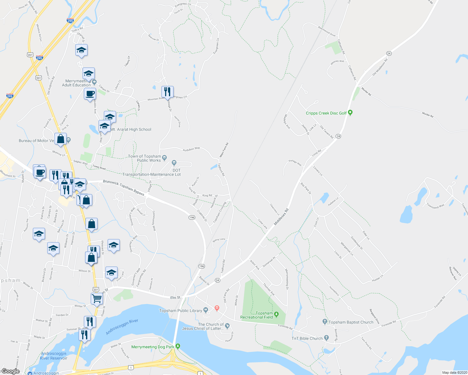map of restaurants, bars, coffee shops, grocery stores, and more near 129 Tedford Road in Topsham