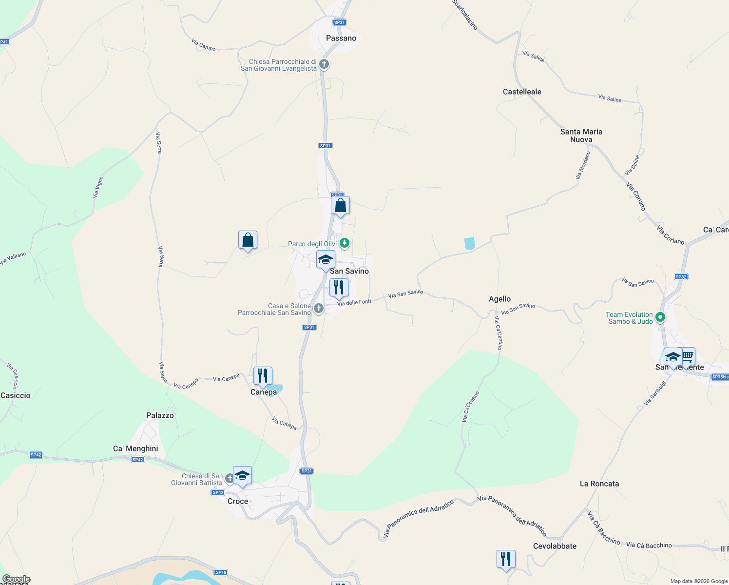 map of restaurants, bars, coffee shops, grocery stores, and more near 540 Via Romagna in San Savino