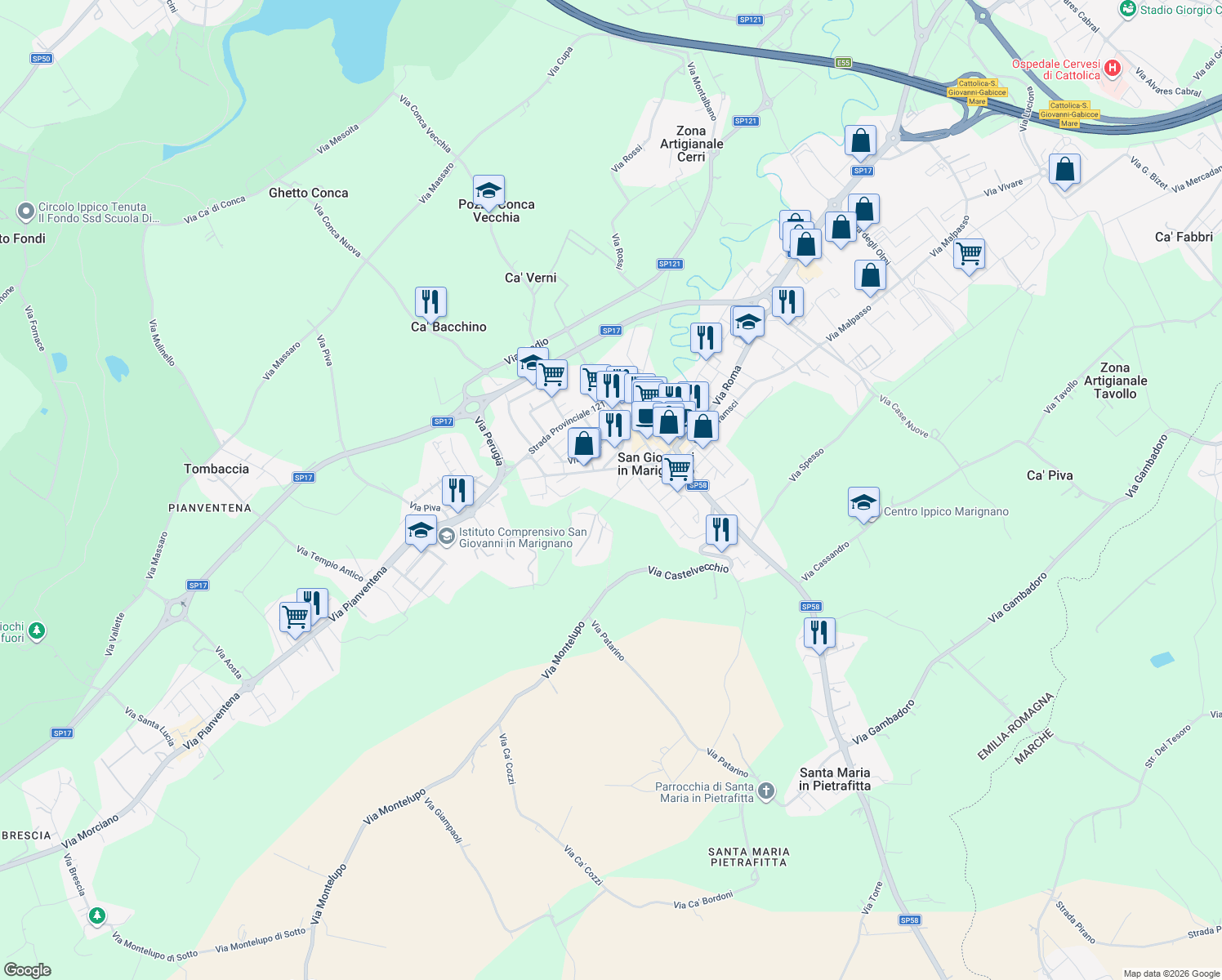 map of restaurants, bars, coffee shops, grocery stores, and more near 14B Via Fossa del Mulino in San Giovanni In Marignano