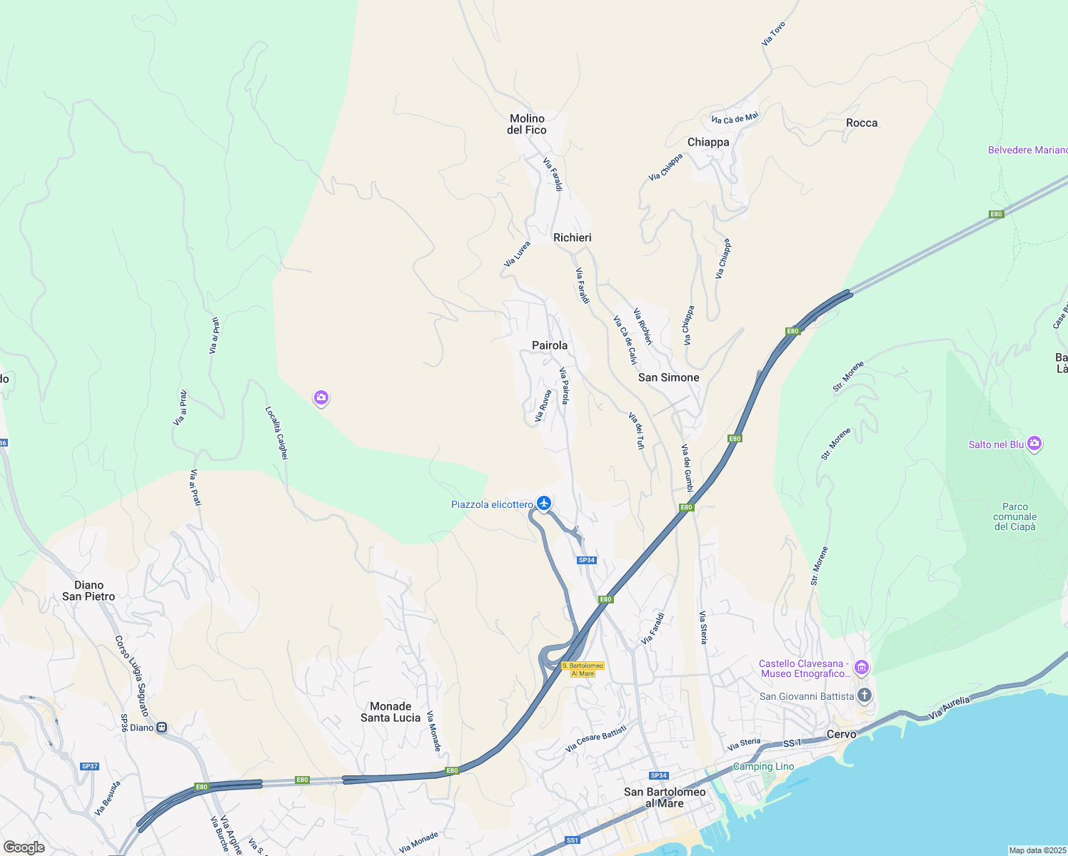map of restaurants, bars, coffee shops, grocery stores, and more near 52 Via Ruvoa in Provincia di Imperia