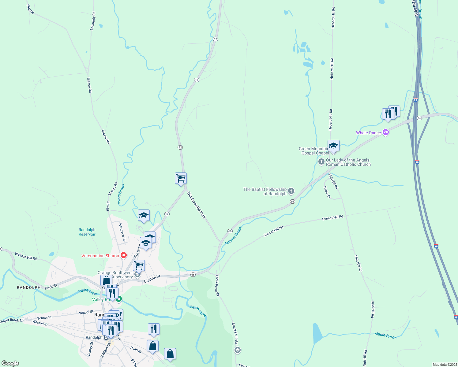 map of restaurants, bars, coffee shops, grocery stores, and more near in Randolph
