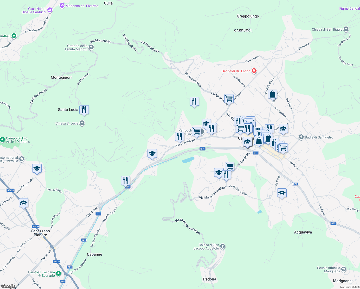 map of restaurants, bars, coffee shops, grocery stores, and more near 153 Via Lucca Camaiore Viareggio in Camaiore