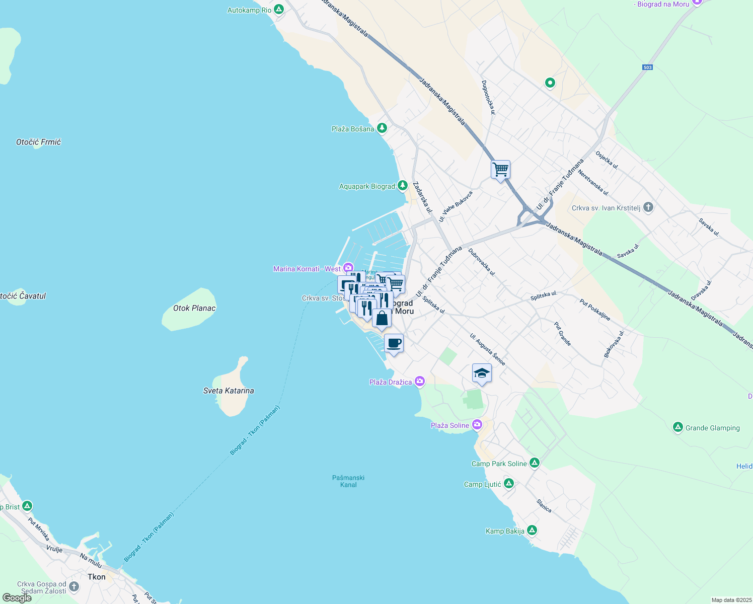 map of restaurants, bars, coffee shops, grocery stores, and more near 8 Ulica kneza Trpimira in Biograd na Moru