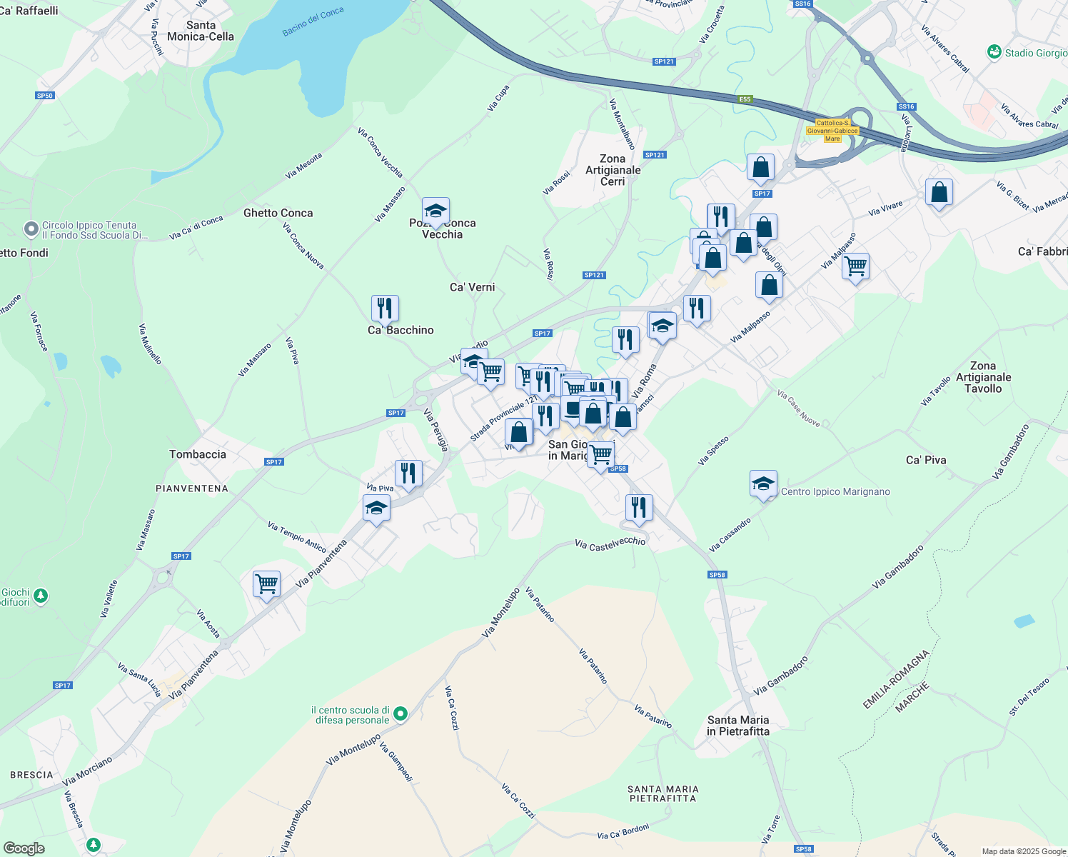 map of restaurants, bars, coffee shops, grocery stores, and more near 15 Via Vittorio Veneto in San Giovanni In Marignano