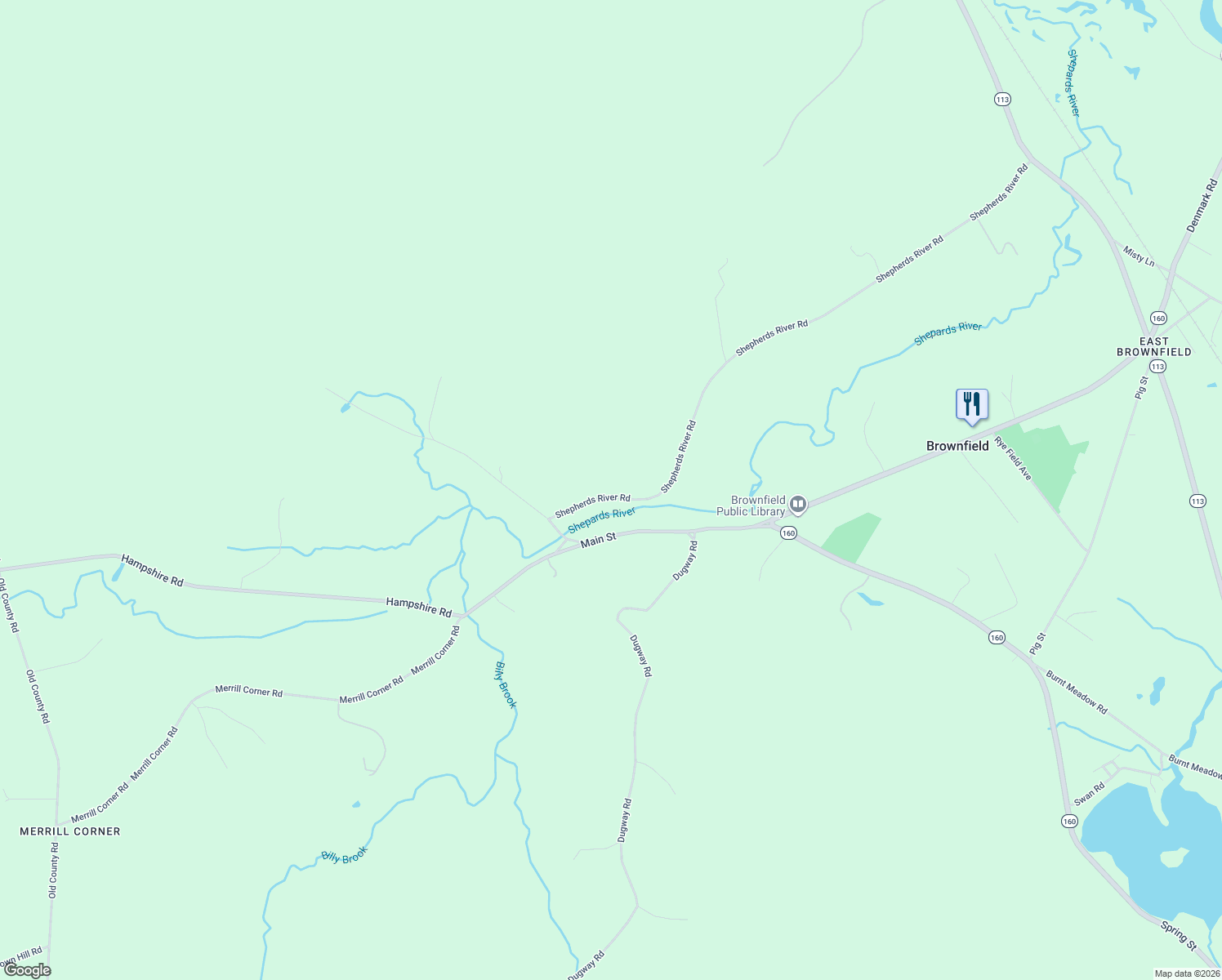 map of restaurants, bars, coffee shops, grocery stores, and more near 49 Shephards River Road in Brownfield