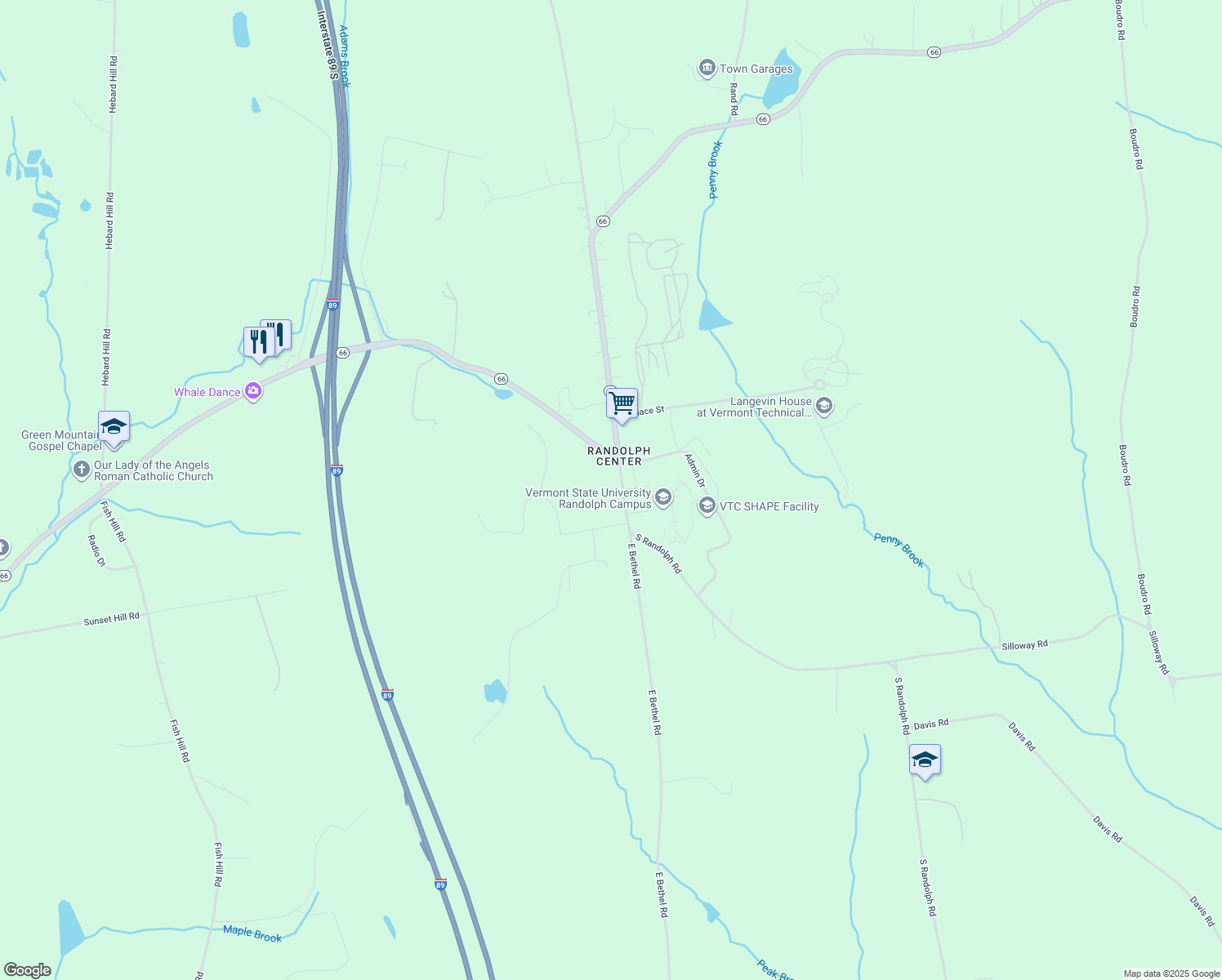 map of restaurants, bars, coffee shops, grocery stores, and more near 86 E Bethel Rd in Randolph
