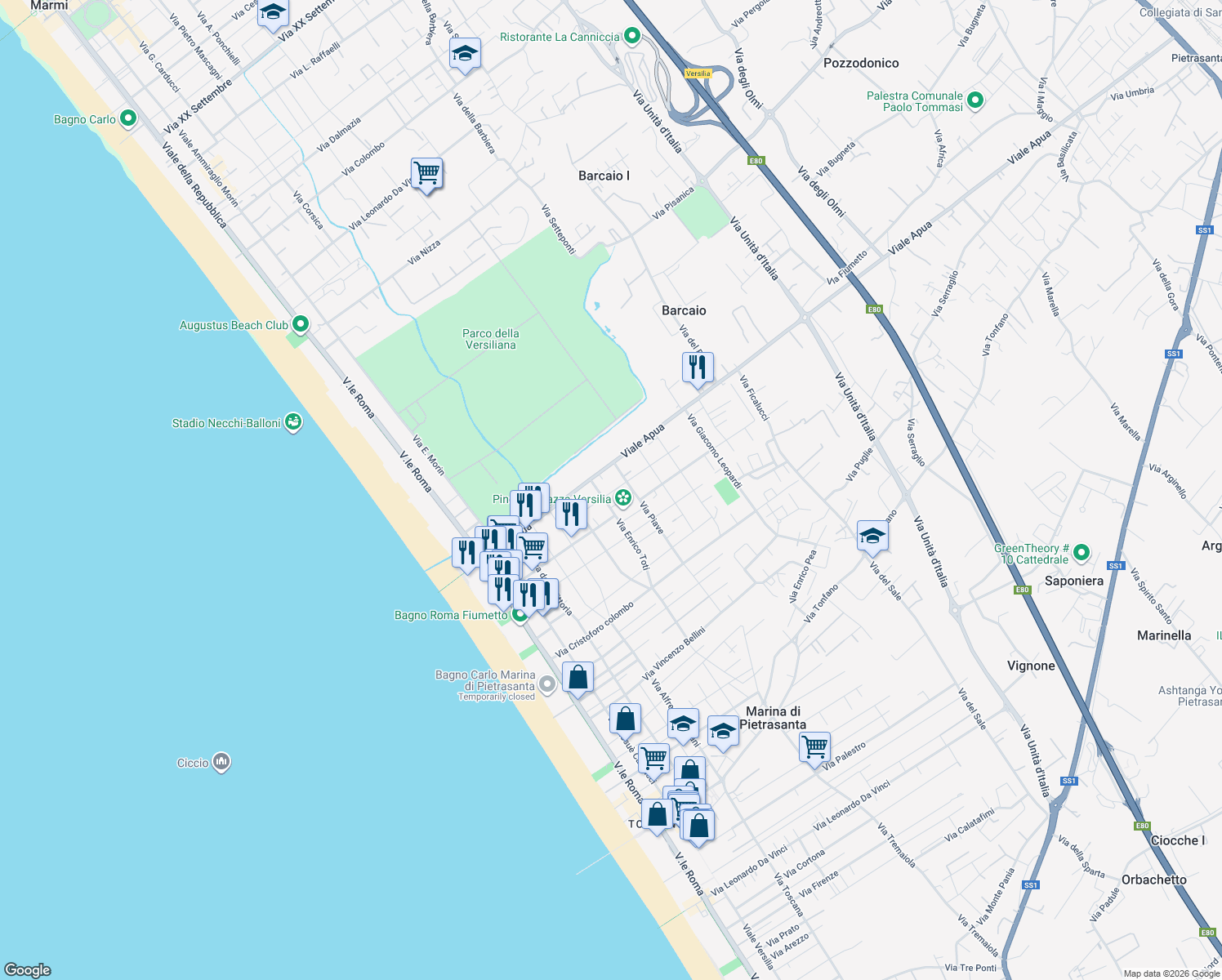 map of restaurants, bars, coffee shops, grocery stores, and more near 29 Via Michelangelo Buonarroti in Marina di Pietrasanta