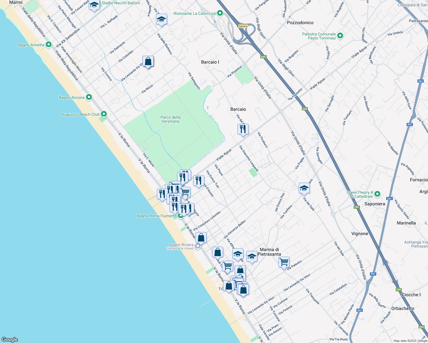 map of restaurants, bars, coffee shops, grocery stores, and more near 29 Via Michelangelo Buonarroti in Pietrasanta