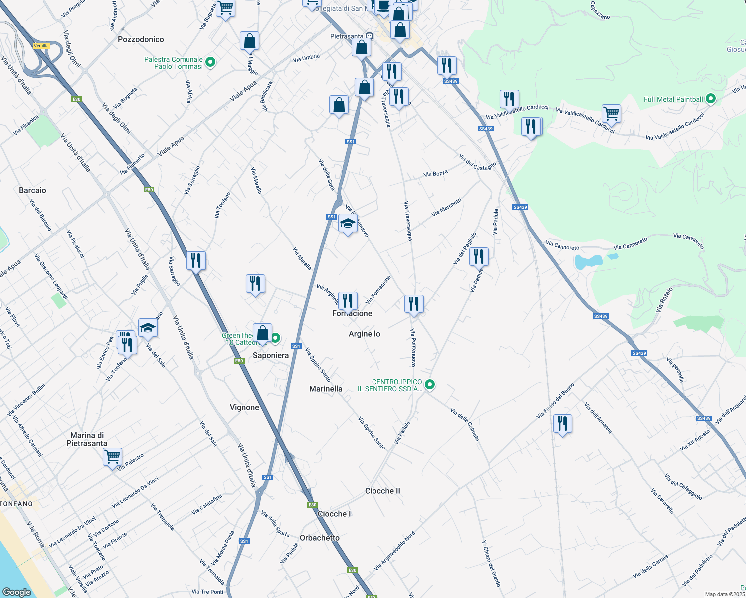 map of restaurants, bars, coffee shops, grocery stores, and more near 15 Via Fornacione in Provincia di Lucca