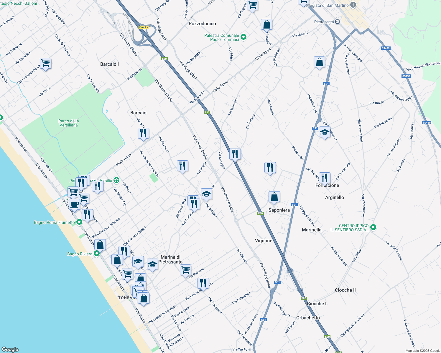 map of restaurants, bars, coffee shops, grocery stores, and more near Via Unità D'Italia in Pietrasanta