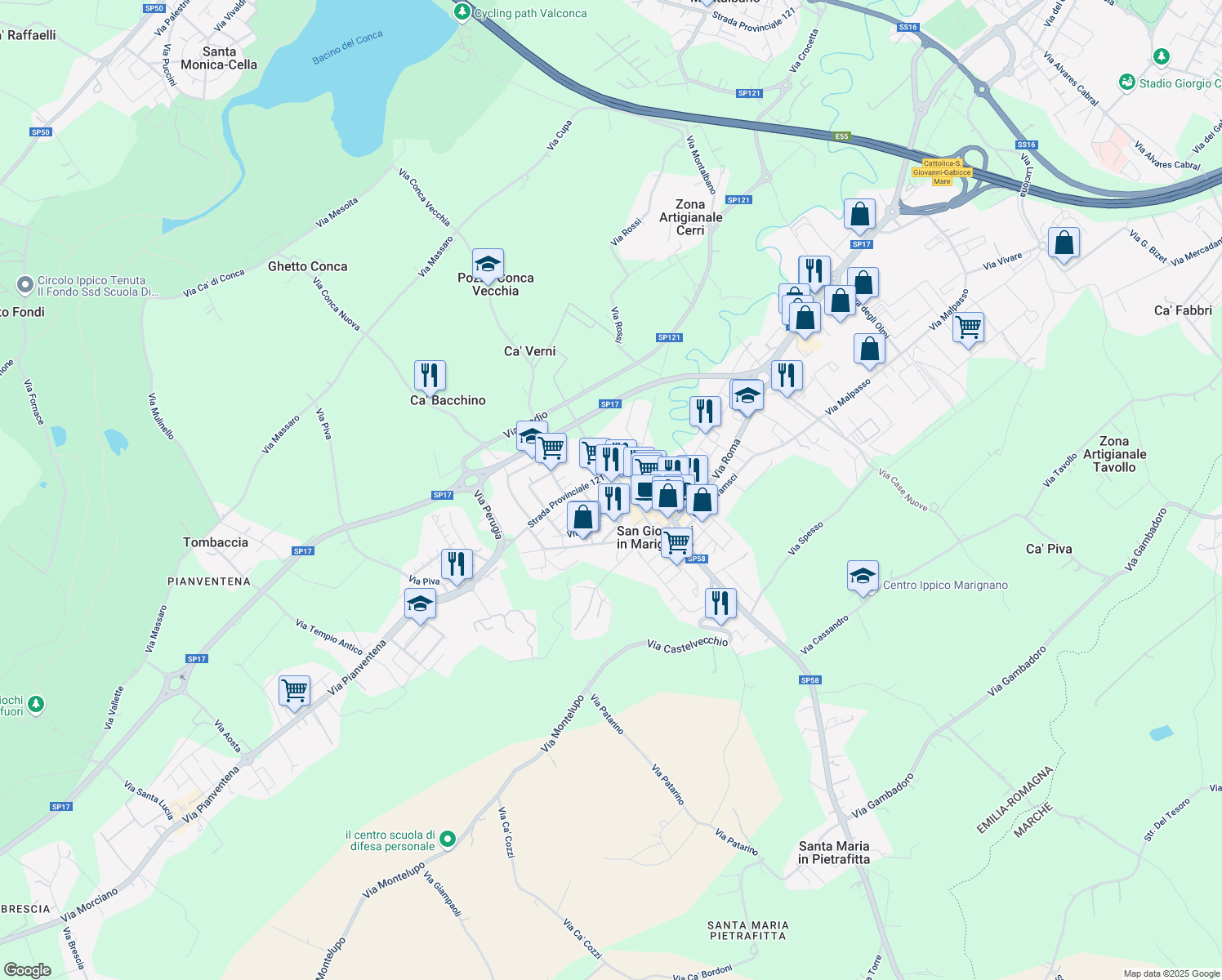 map of restaurants, bars, coffee shops, grocery stores, and more near 15 Via Vittorio Veneto in San Giovanni In Marignano