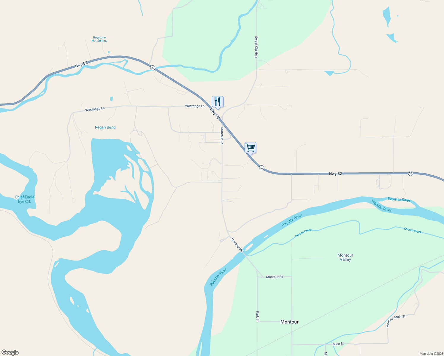 map of restaurants, bars, coffee shops, grocery stores, and more near 4783 Montour Road in Emmett