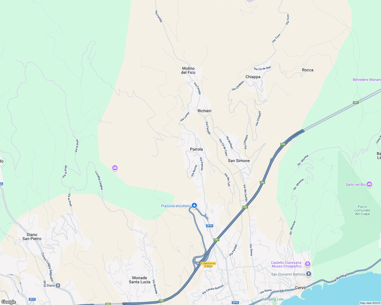 map of restaurants, bars, coffee shops, grocery stores, and more near 1 Via Ruvoa in Pairola