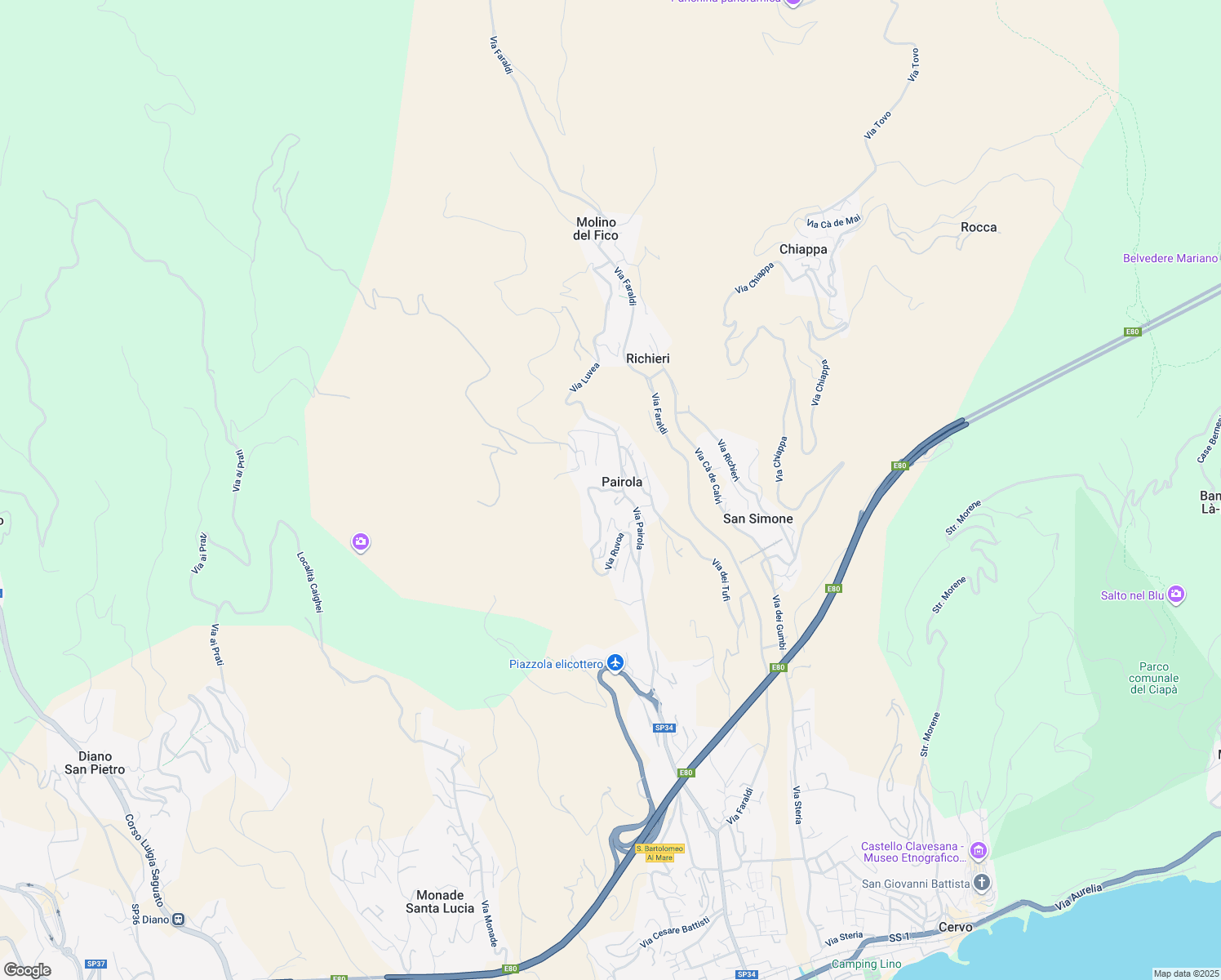 map of restaurants, bars, coffee shops, grocery stores, and more near 1 Via Ruvoa in Pairola