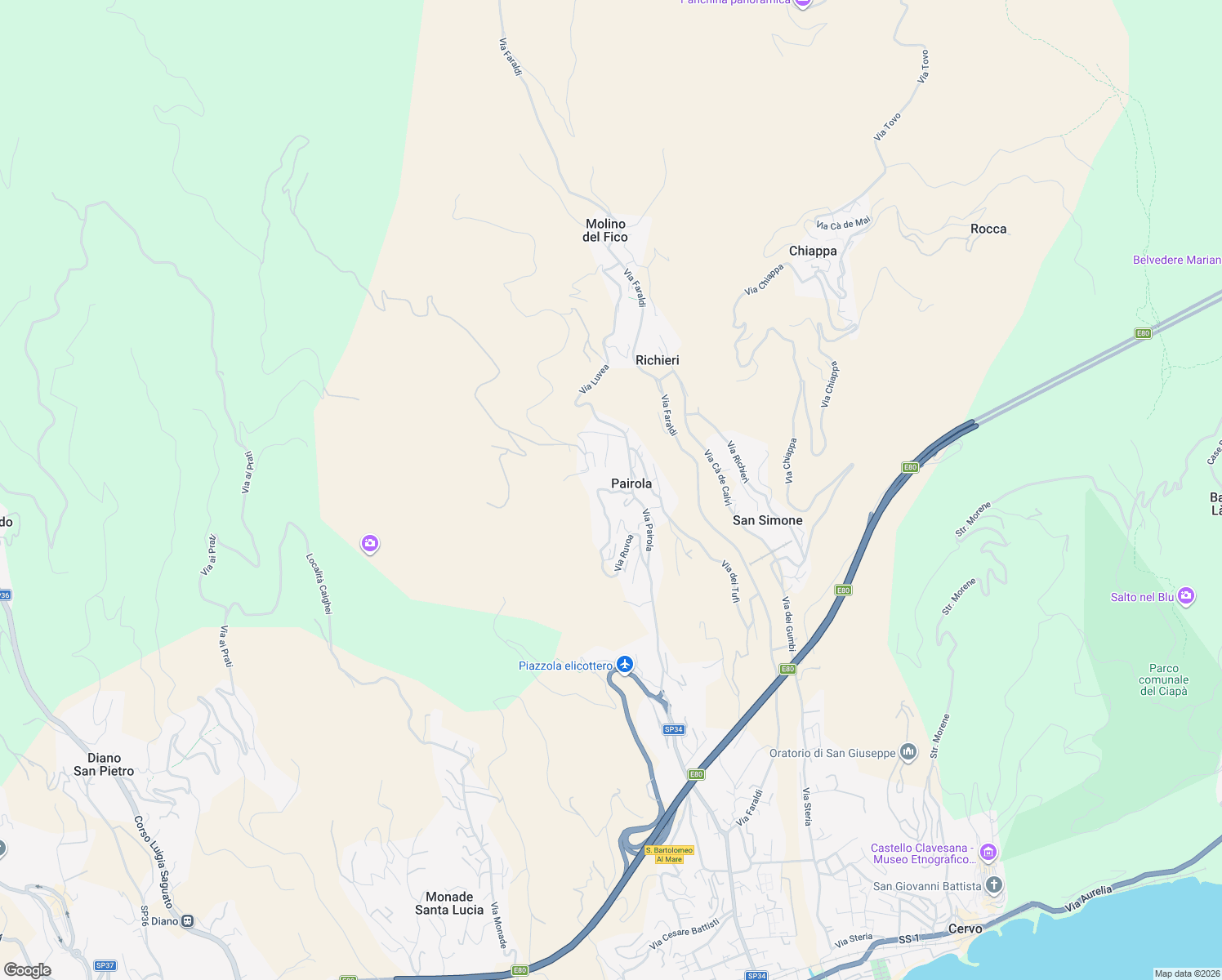 map of restaurants, bars, coffee shops, grocery stores, and more near 1 Via Ruvoa in Pairola